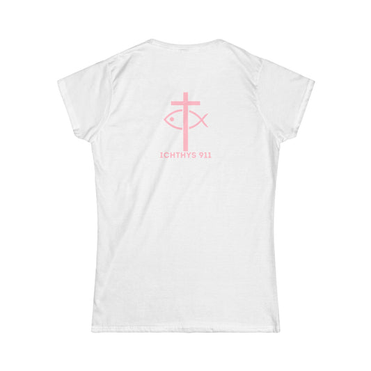 ICHTHYS 911 Pink Font "Love, Hope, Faith - Love is the Greatest" - Reverse Design - Semi Fitted - Inspirational Faith Tee for Women - Wear Your Faith - 1 Corinthians