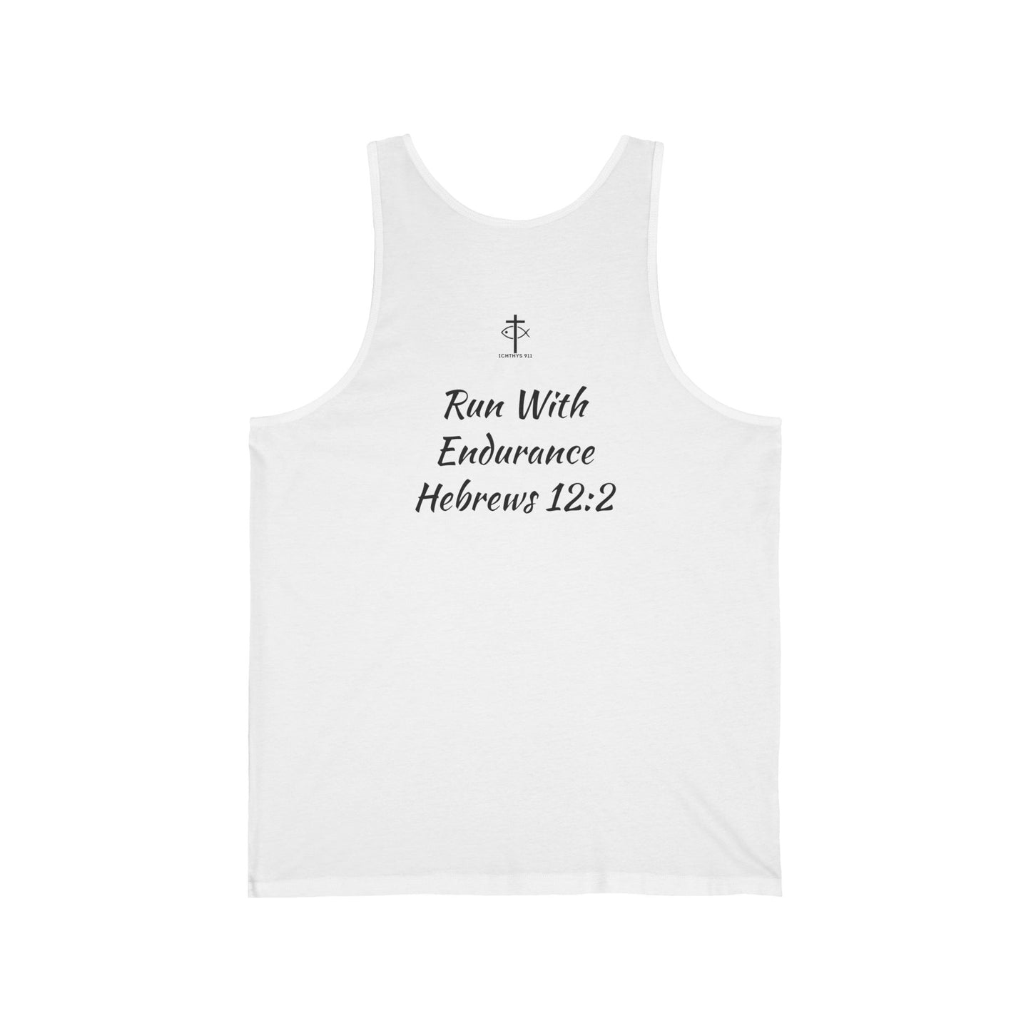Run With Endurance T-Shirt – Hebrews 12:1 Inspirational Christian Tee - ICHTHYS 911 Unisex Jersey Tank Top - Casual Christian Symbol Graphic Tank Top