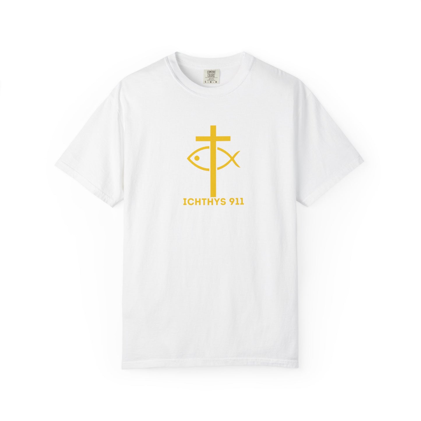 ICHTHYS 911 Gold Font "Faith, Hope, & Love" - Unisex Garment Dyed T-Shirt - 100# US Cotton - Men T-Shirt - Women T-Shirt - Christian T- Shirt -Faith-Inspired Shirt - Christian Fashion - Wear Your Faith