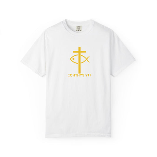 ICHTHYS 911 Gold Font "Faith, Hope, & Love" - Unisex Garment Dyed T-Shirt - 100# US Cotton - Men T-Shirt - Women T-Shirt - Christian T- Shirt -Faith-Inspired Shirt - Christian Fashion - Wear Your Faith