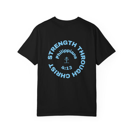 ICHTHYS 911 "Strength Through Christ Philippians 4:13" - Blue Font - Unisex Garment Dyed T- Shirt - 100% US Cotton -Men T-Shirt - Women T-Shirt- Christian Activewear - Wear Your Faith