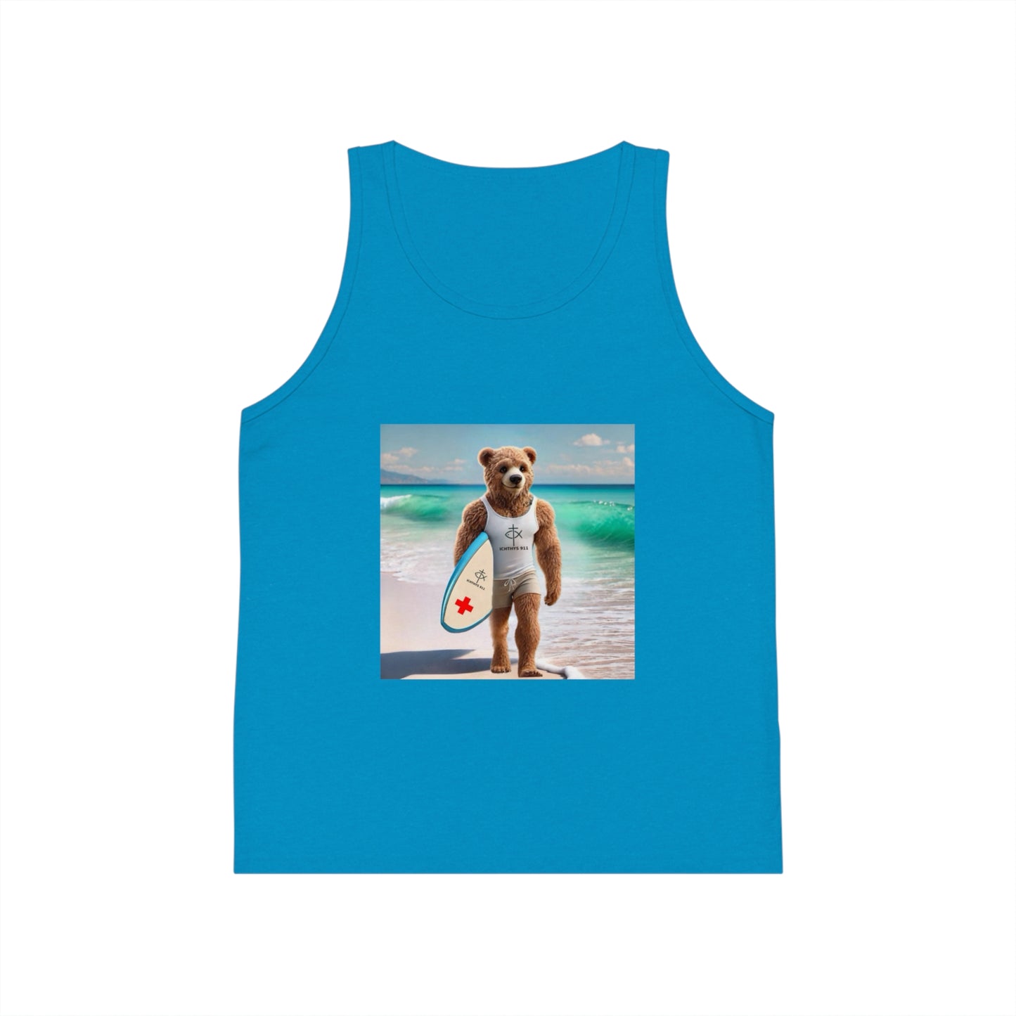 ICHTHYS 911 "Surfing Bear" - Youth Size - Kid's Jersey Tank Top - Fun Summer Attire for Adventures