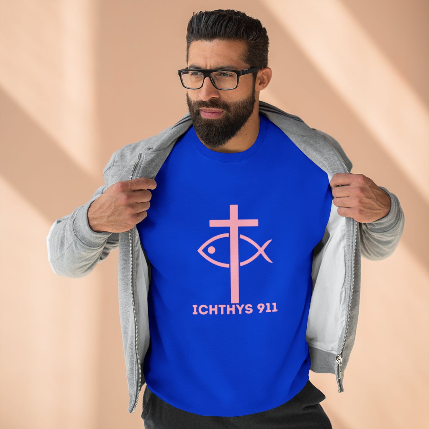 ICHTHYS 911 Minimal Pink Cross Crewneck Sweatshirt — Unisex -