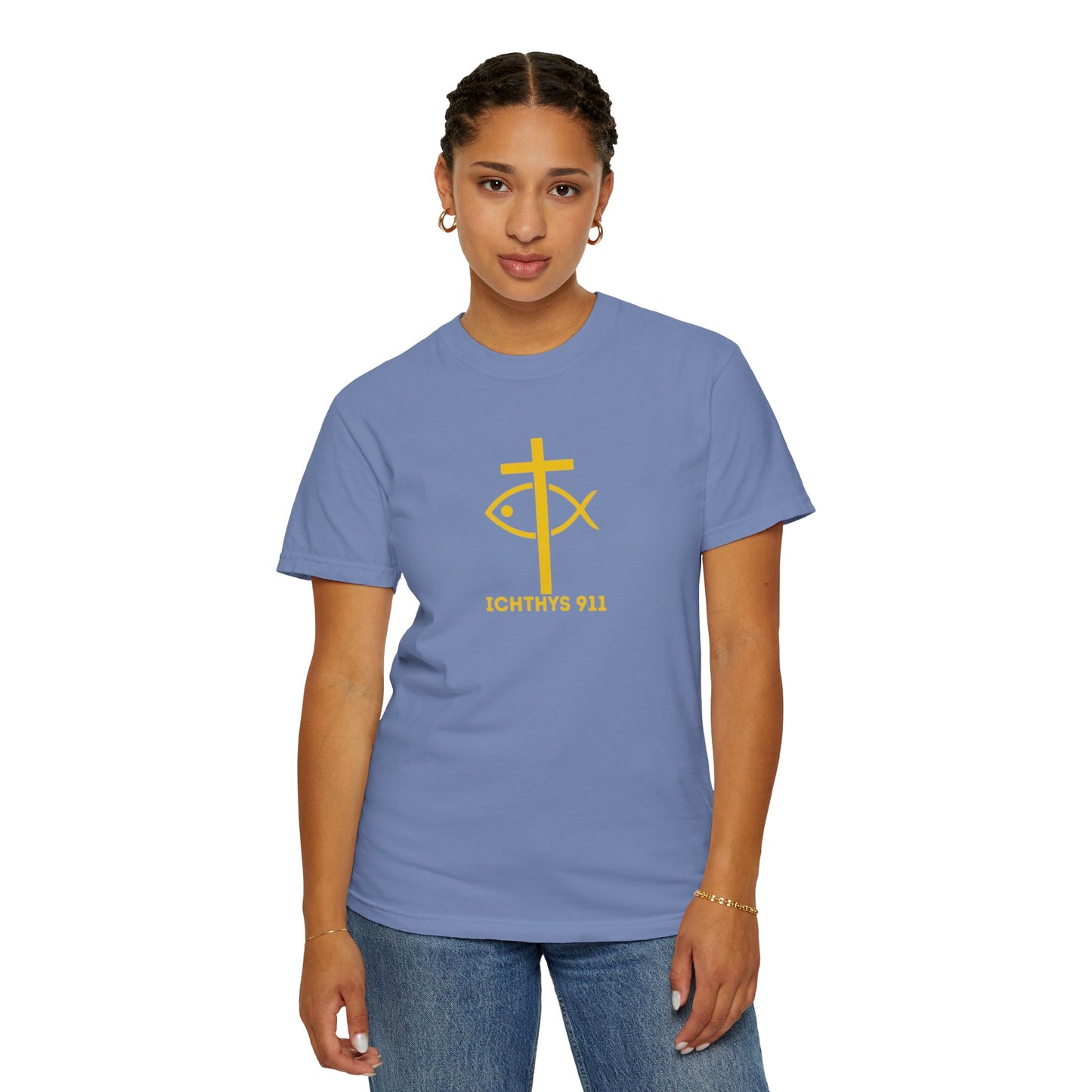 ICHTHYS 911 Gold Font "Faith, Hope, & Love" - Unisex Garment Dyed T-Shirt - 100# US Cotton - Men T-Shirt - Women T-Shirt - Christian T- Shirt -Faith-Inspired Shirt - Christian Fashion - Wear Your Faith