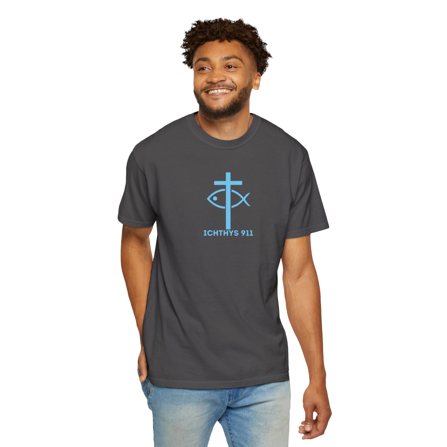 Jesus Christ Son of God Savior - Blue Font - Christian Streetwear T-Shirt – Jesus Gym & Faith Fashion, Unisex Garment-Dyed T-Shirt, ICHTHYS911, Men T-Shirt, Women T-Shirt
