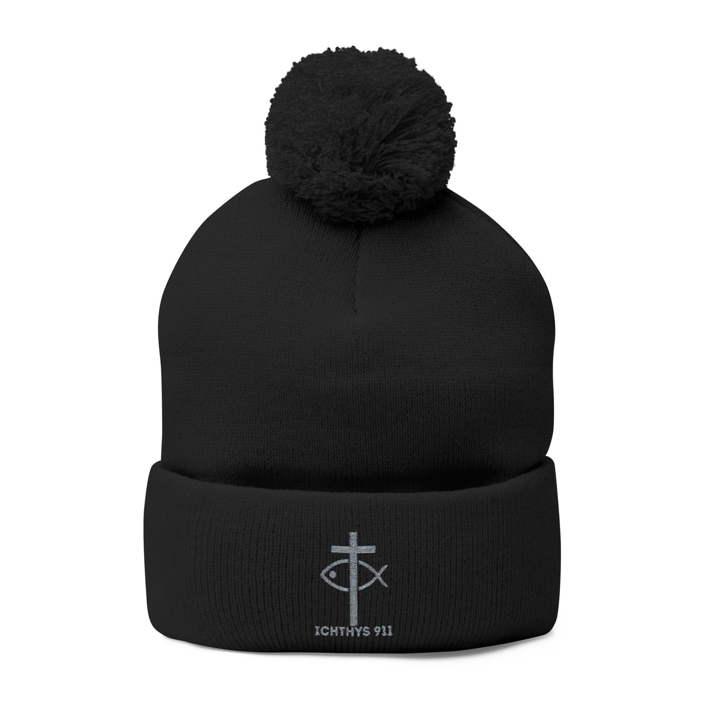 Cozy Pom-Pom Knit Cap | Winter Accessory with Embroidery - Christian Faith Wear - ICHTHYS 911 Design