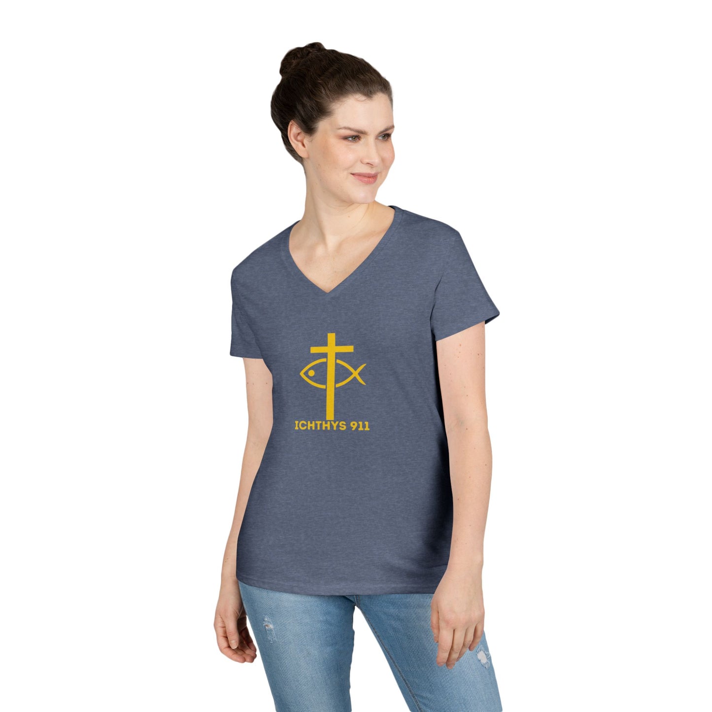 God Sees The Heart Gold Font Women’s Faith-Inspired V-Neck T-Shirt - ICHTHYS 911 Design911 Design