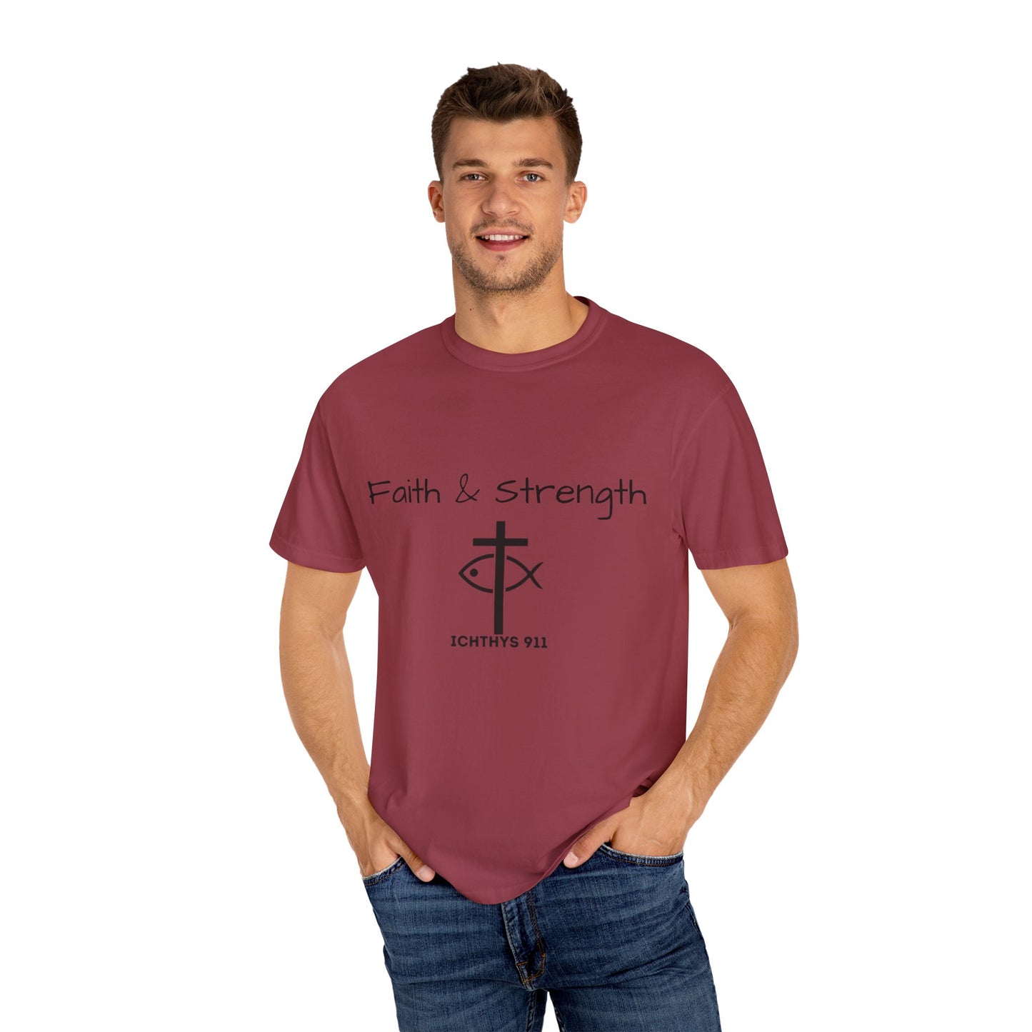 ICHTHYS 911 "Faith & Strength" Reverse - Black Font - Unisex Garment -Dyed Tee - 100% US Cotton - Men T-Shirt - Women T-Shirt - Inspirational Christian Shirt - Very Good Quality and Feel