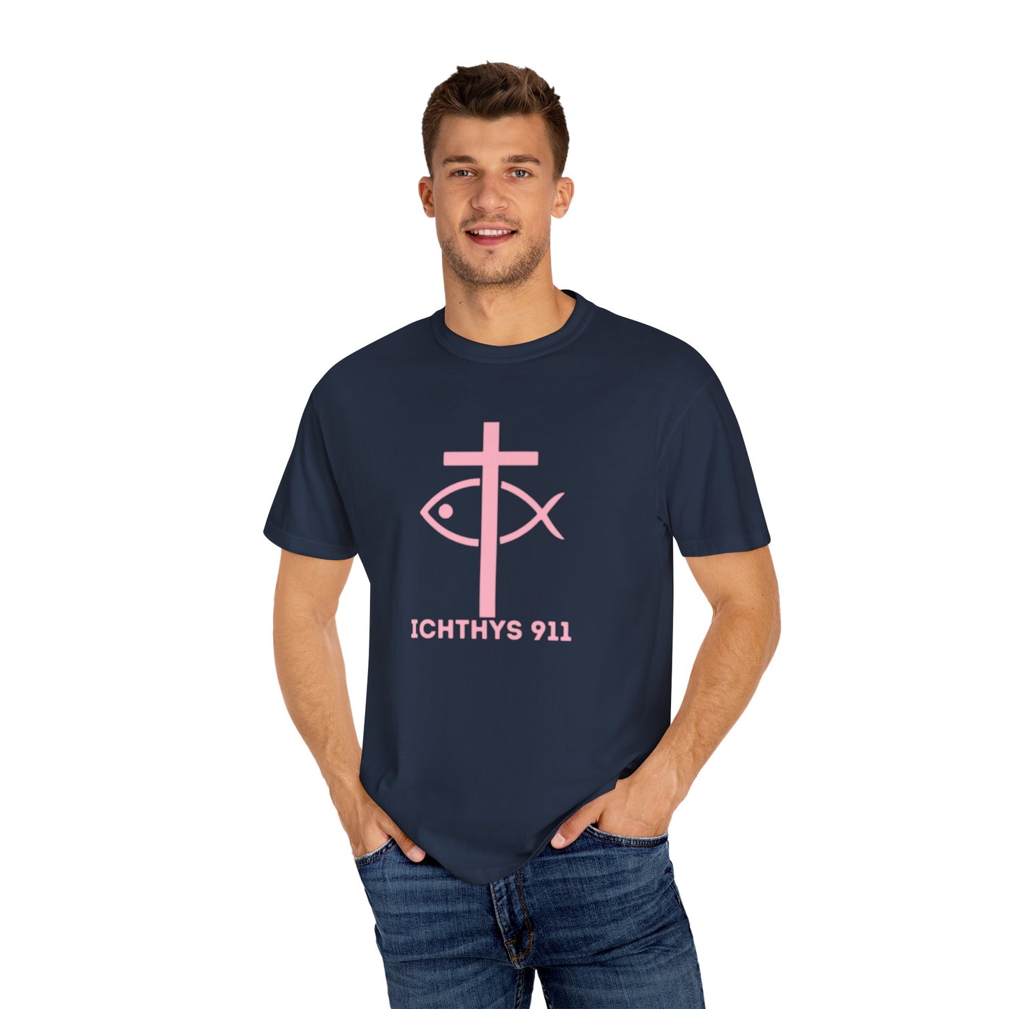 ICHTHYS 911 - Authentic - W/O IC 911 on Back -Christian Streetwear T-Shirt – Jesus Gym & Faith Fashion, Unisex Garment-Dyed T-Shirt Soft Pink Font
