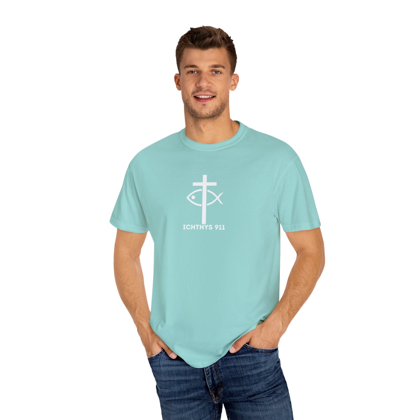 ICHTHYS 911 -  "God Sees the Heart" - White Font - Unisex Garment - Dyed T-Shirt - Inspirational Graphic T-Shirt for Everyday Motivation - 100% US cotton