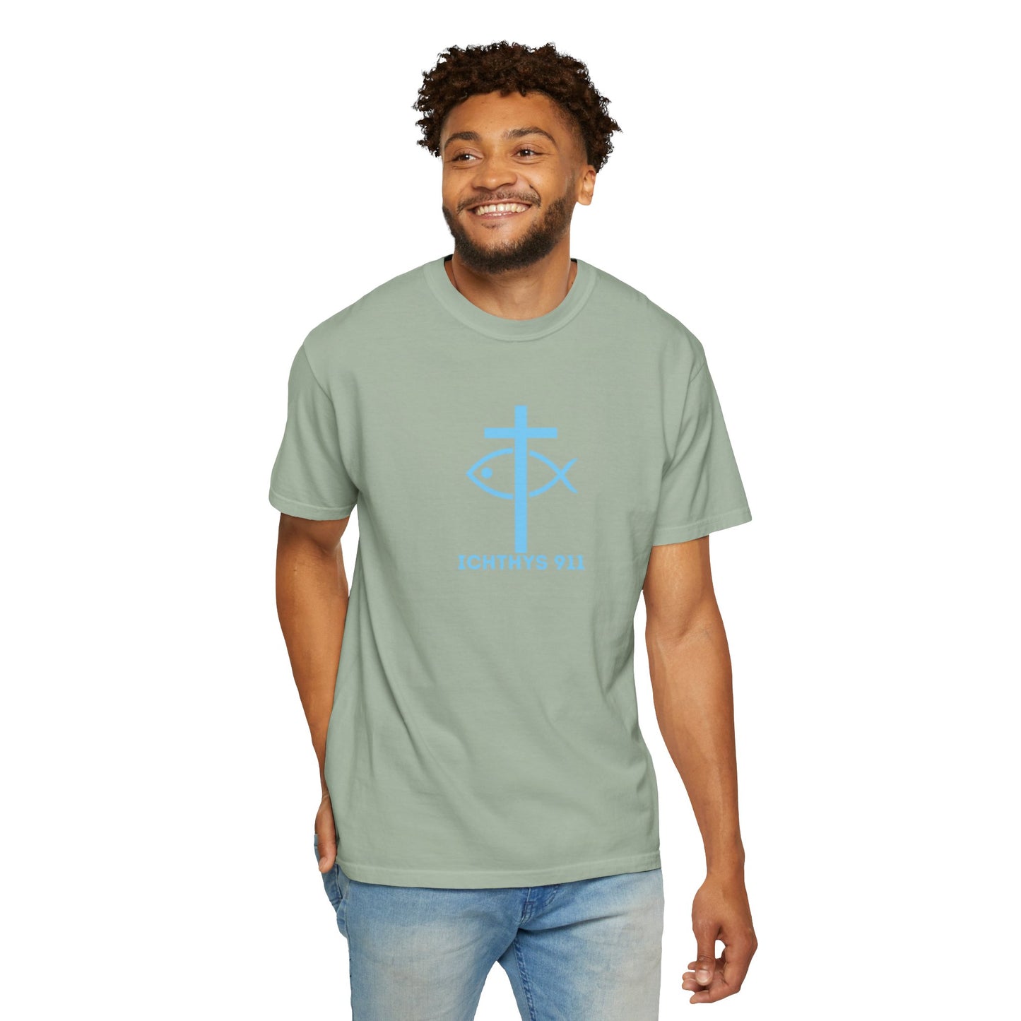 Jesus Christ Son of God Savior - Blue Font - Unisex Garment Dyed T- Shirt - Men T-Shirt - Women T-Shirt - Christian Streetwear T-Shirt – Jesus Gym & Faith Fashion - ICHTHYS 911
