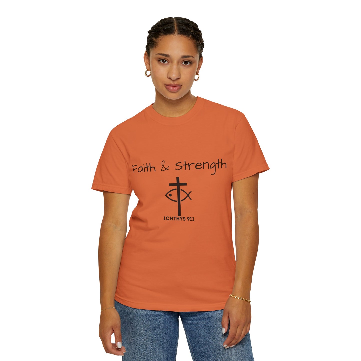 ICHTHYS 911 "Faith & Strength" Reverse - Black Font - Unisex Garment -Dyed Tee - 100% US Cotton - Men T-Shirt - Women T-Shirt - Inspirational Christian Shirt - Very Good Quality and Feel