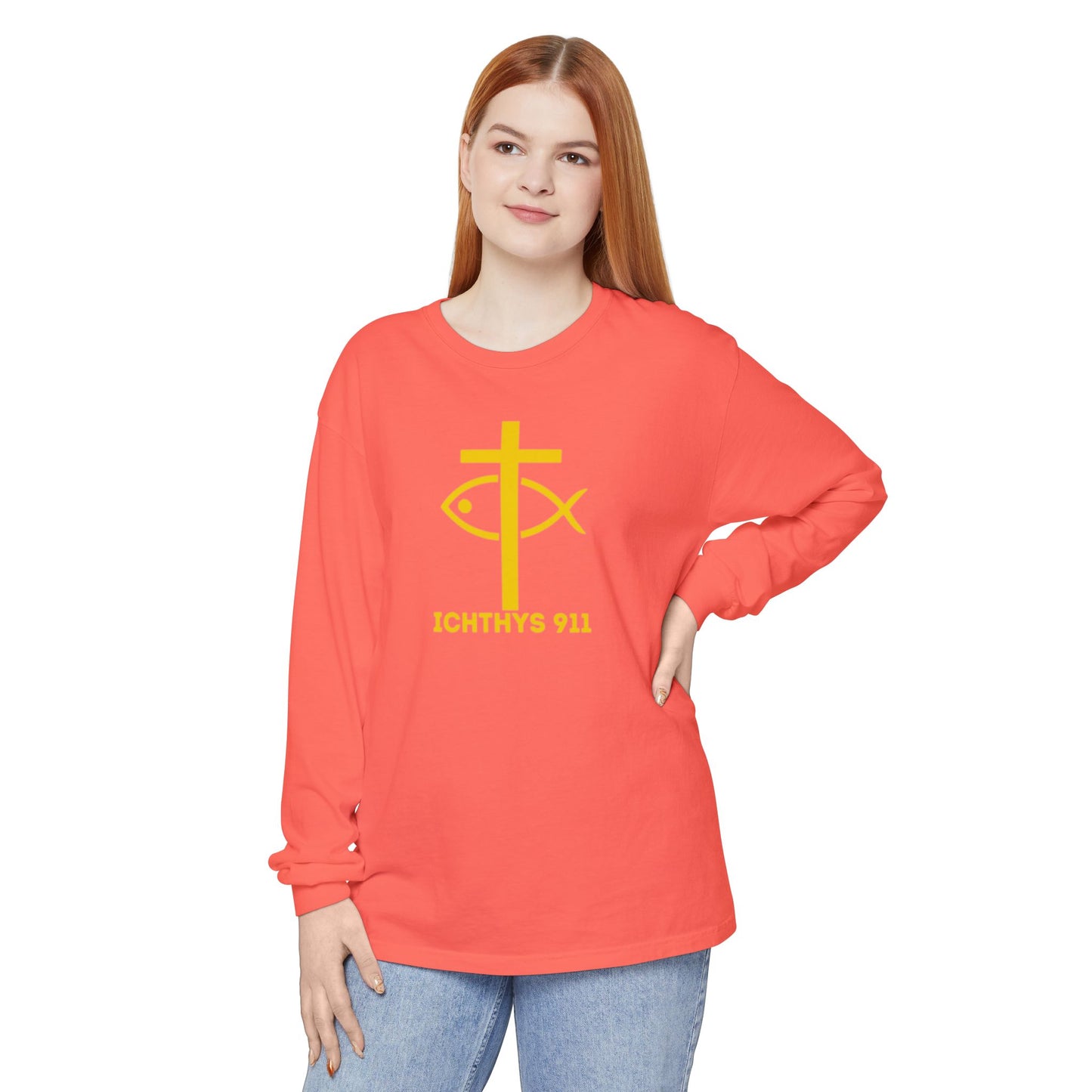 Authentic ICHTHYS 911 Collection -  Gold Font - Unisex Garment Dyed Long Sleeve T-Shirt - Men Long Sleeve - Women Long Sleeve - Christian Faith Symbol Tee - Faith Inspired