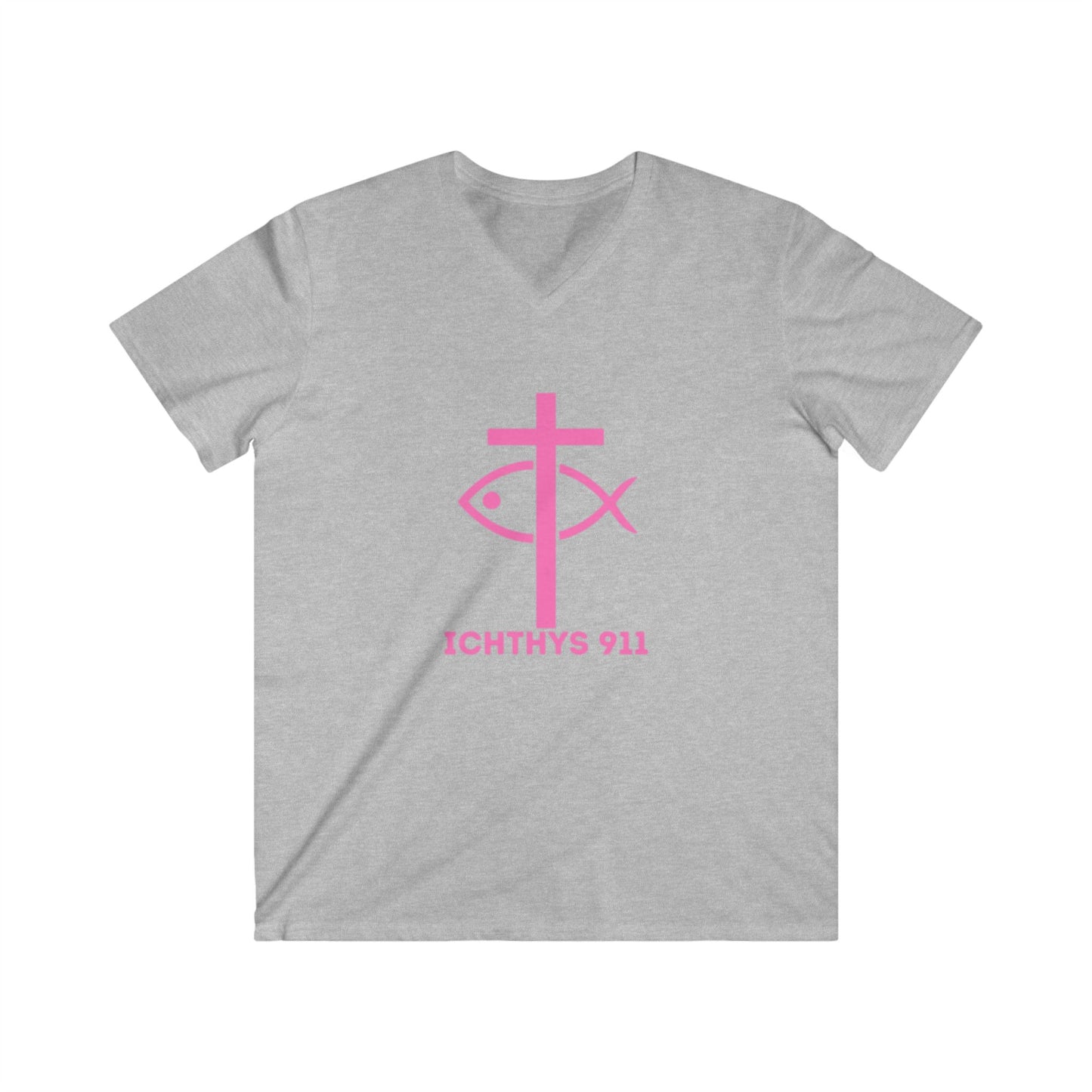 ICHTHYS 911 - Featuring "13th Disciple" Collection - Men's Fitted V-Neck Short Sleeve T - Shirt - W/O IC 911 on Back - Faith-Inspired - Christian Faith - Pink Font