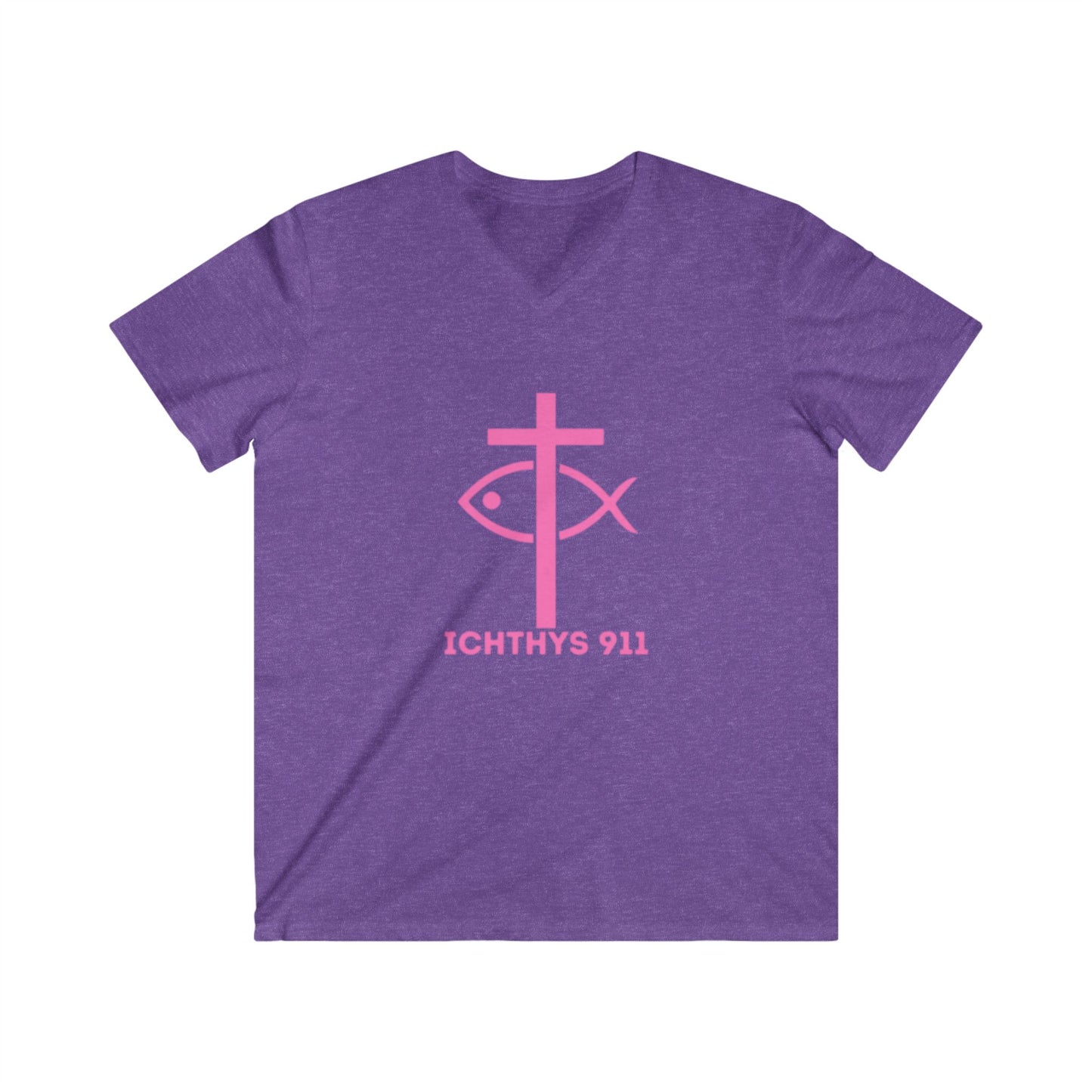 ICHTHYS 911 - Featuring "13th Disciple" Collection - Men's Fitted V-Neck Short Sleeve T - Shirt - W/O IC 911 on Back - Faith-Inspired - Christian Faith - Pink Font