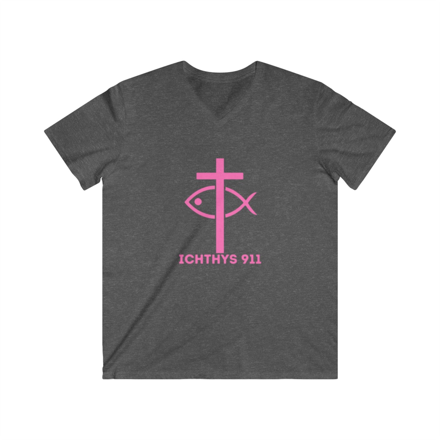 ICHTHYS 911 - Featuring "13th Disciple" Collection - Men's Fitted V-Neck Short Sleeve T - Shirt - W/O IC 911 on Back - Faith-Inspired - Christian Faith - Pink Font