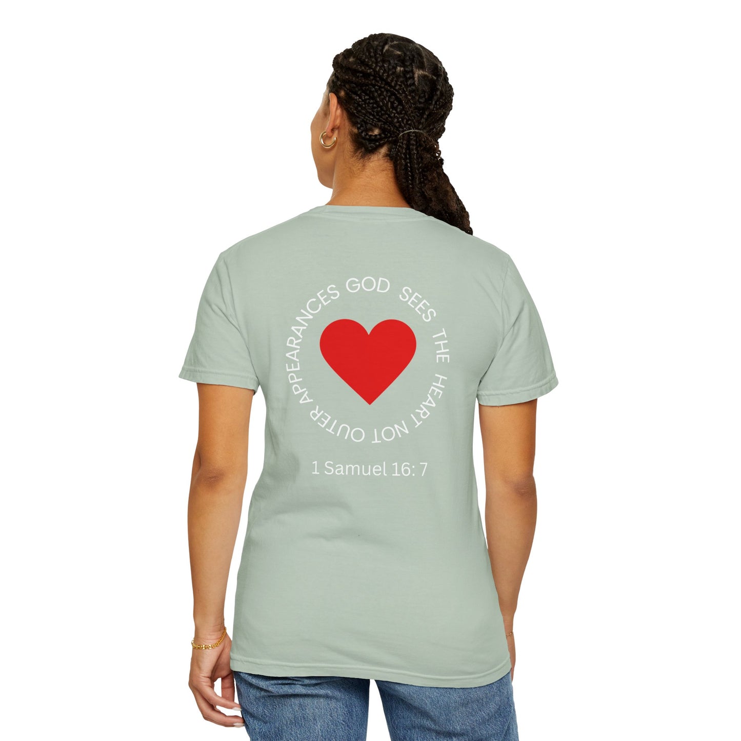 ICHTHYS 911 -  "God Sees the Heart" - White Font - Unisex Garment - Dyed T-Shirt - Inspirational Graphic T-Shirt for Everyday Motivation - 100% US cotton