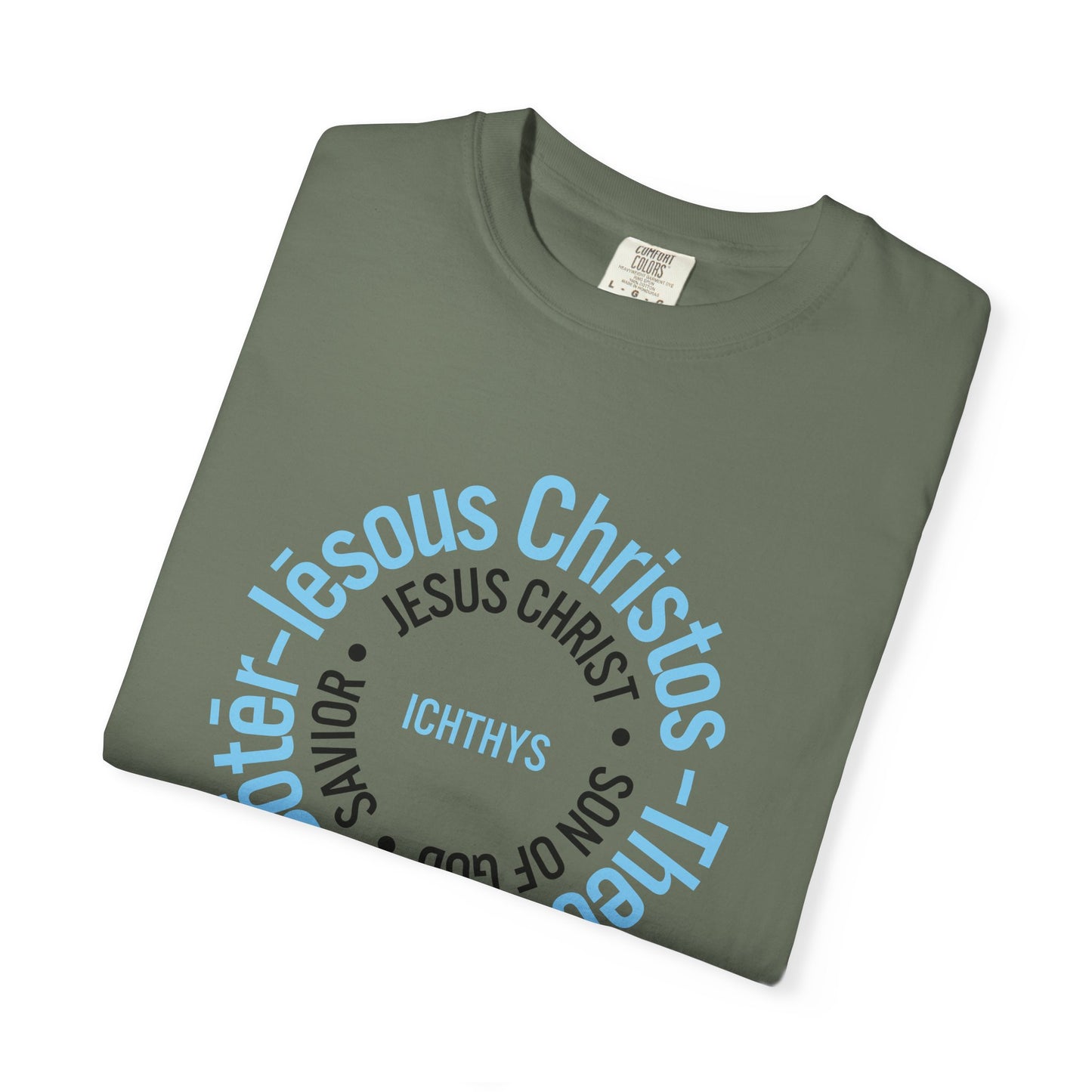 ICHTHYS 911 Blue & Black Font "Iēsous Christos, Theou Yios, Sōtēr" - Collection - Reverse Design - Unisex Garment Dyed - 100% US Cotton - Christian Graphic Tee - Gym - T - Christian Faith - Jesus Wear - Women T-Shirt - Men T-Shirt