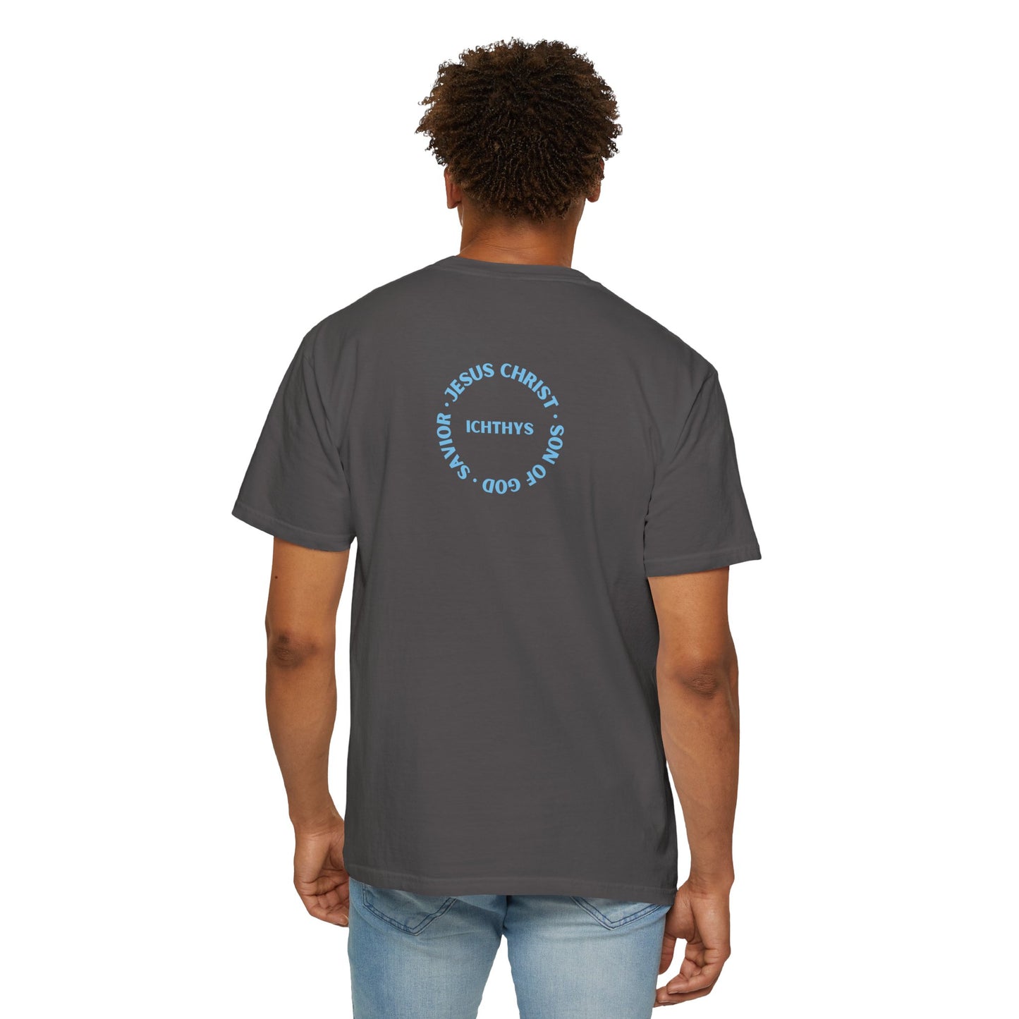 ICHTHYS 911 - "Jesus Christ Son of God Savior" Blue Font - Christian Streetwear T-Shirt – Jesus Gym & Faith Fashion, Unisex Garment-Dyed T-Shirt Blue Font