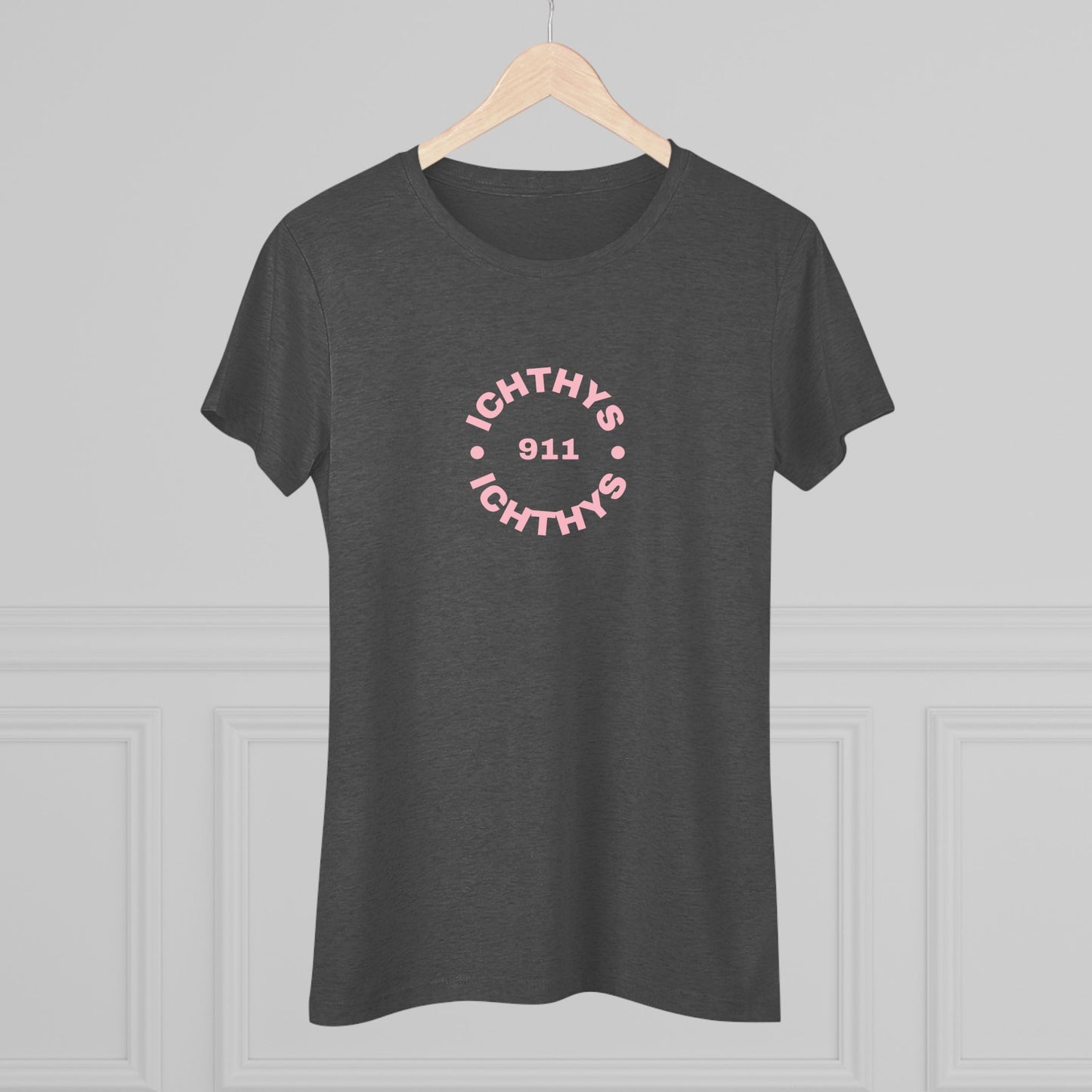 ICHTHYS 911 "IC Round Collection" Pink Font - Reverse Design - Inspirational Women's Triblend Tee - Women T-Shirt - 50% polyester, 25% cotton, 25% ryaon