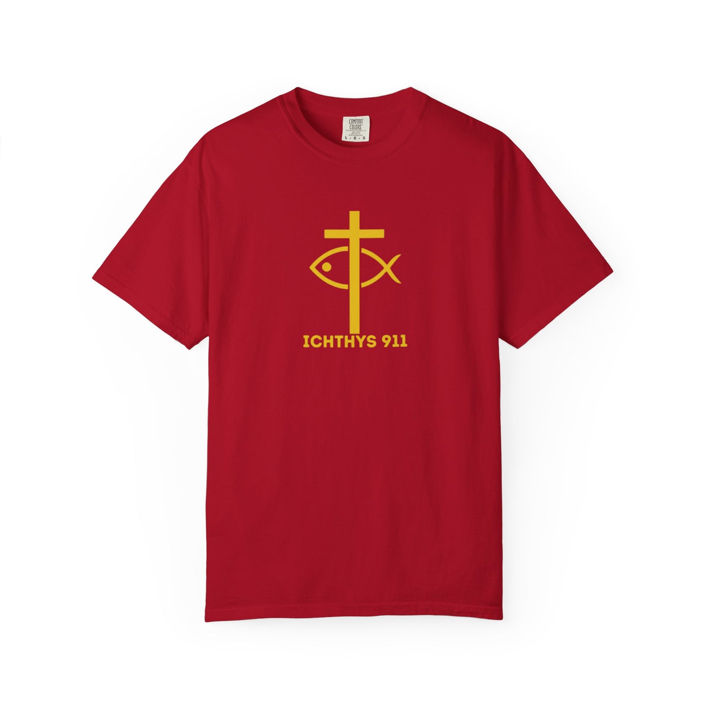 "Jesus Christ Son of God Savior" - Gold Font - Unisex Garment Dyed T- Shirt - Men T-Shirt - Women T-Shirt - Christian Streetwear T-Shirt – Jesus Gym & Faith Fashion,ICHTHYS 911 -