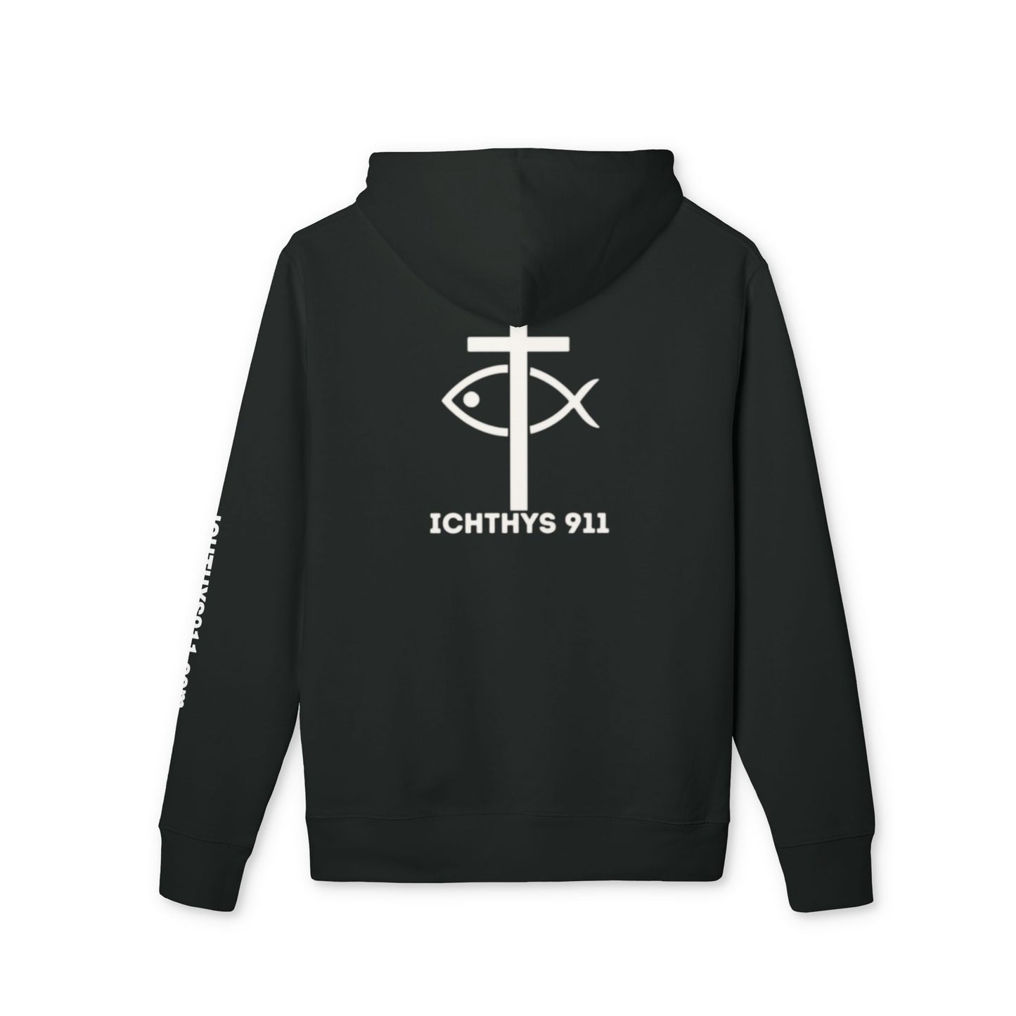 ICHTHYS 911 Hoodie – Unisex Pullover -White Font - Black Font on White - Heavy Fabric - ICHTHYS 911 Logo on Front & Back - 100% Organic
