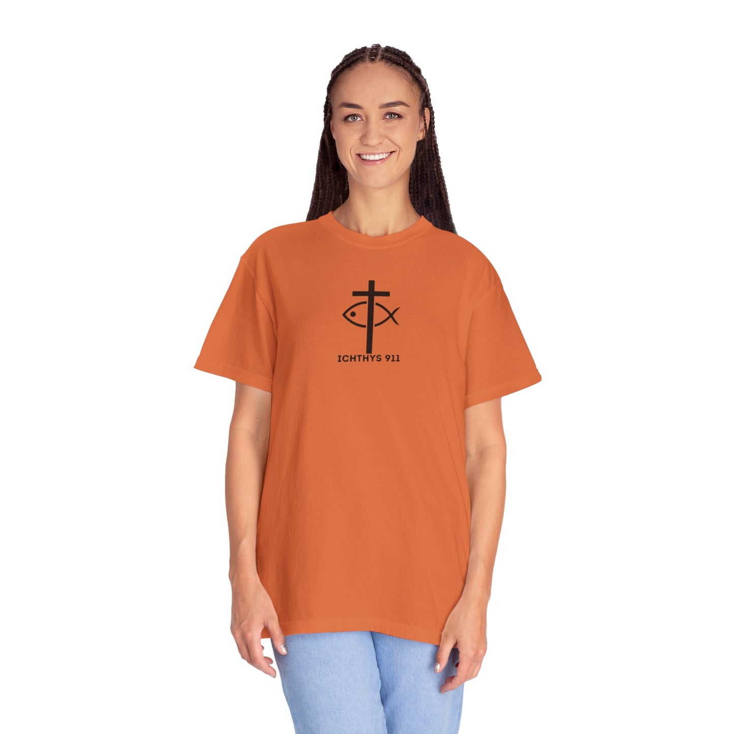 ICHTHYS 911 Black Font - "Run With Endurance Hebrews 12:1" - Unisex Garment Dyed T-Shirt -100% US Cotton - Men T-Shirt - Women T-Shirt - Bible Verse - Christian Faith - Christian Workout