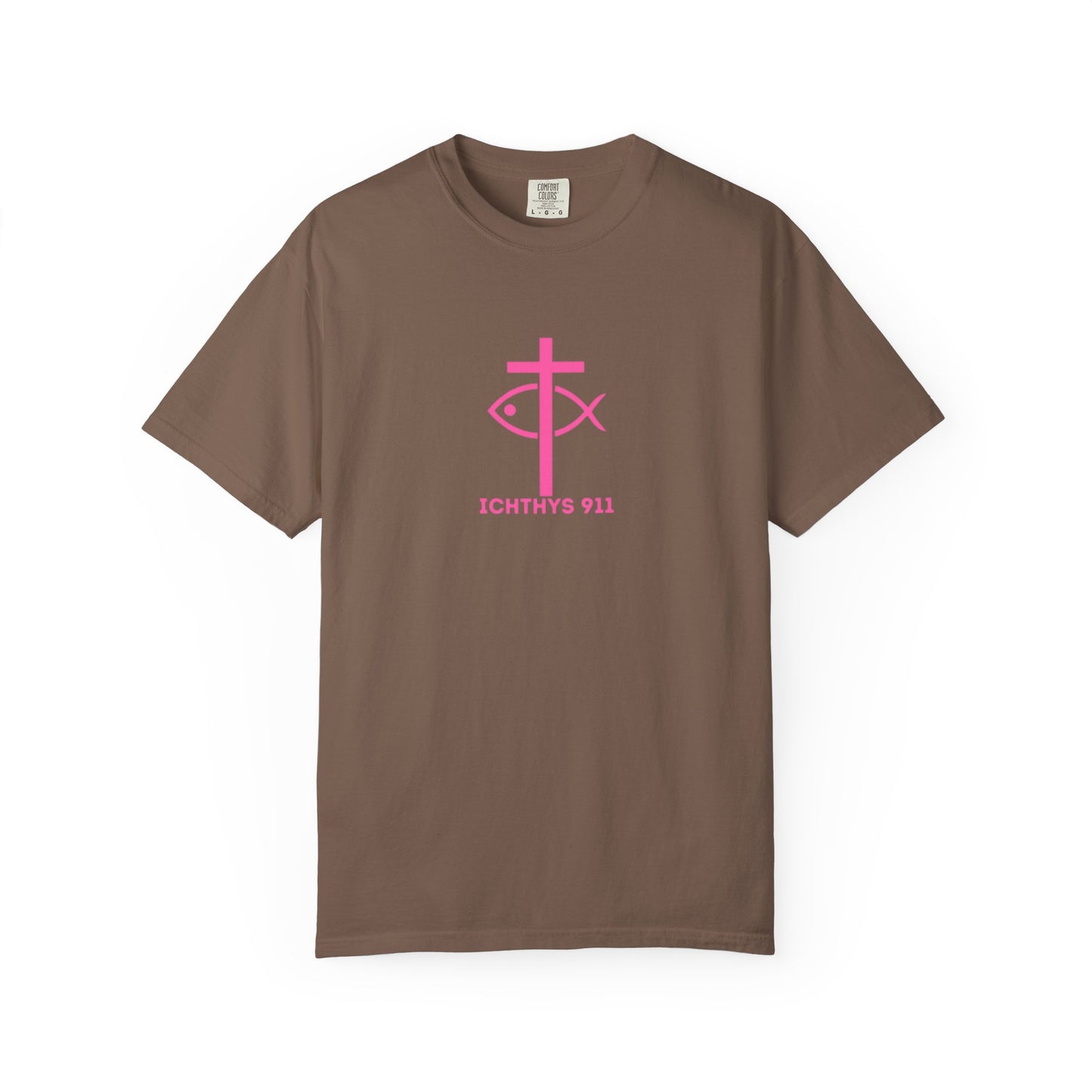 ICHTHYS 911 - "Authentic Design" - Pink Font - Unisex - Men T-Shirt - Women T-Shirt - Christian Streetwear T-Shirt – Jesus Gym & Faith Fashion, Unisex Garment-Dyed T-Shirt