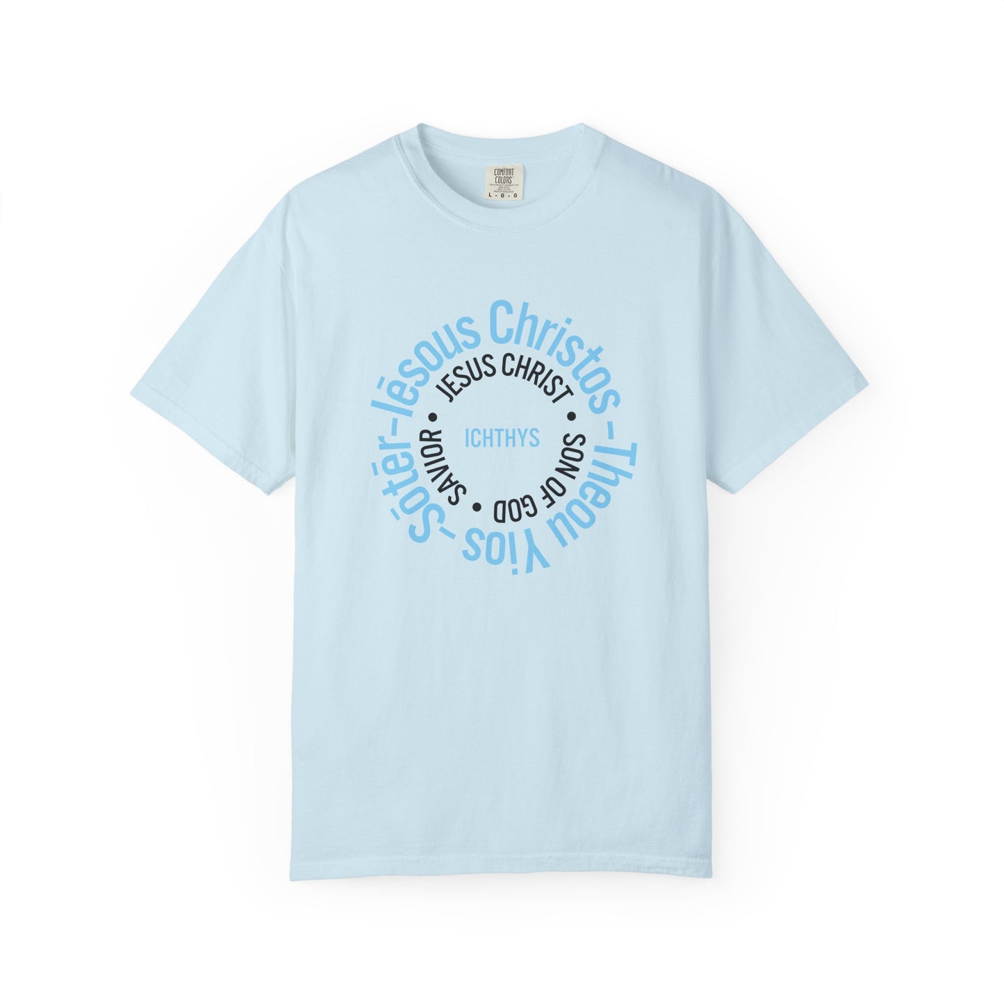 ICHTHYS 911 Blue & Black Font "Iēsous Christos, Theou Yios, Sōtēr" - Collection - Reverse Design - Unisex Garment Dyed - 100% US Cotton - Christian Graphic Tee - Gym - T - Christian Faith - Jesus Wear - Women T-Shirt - Men T-Shirt