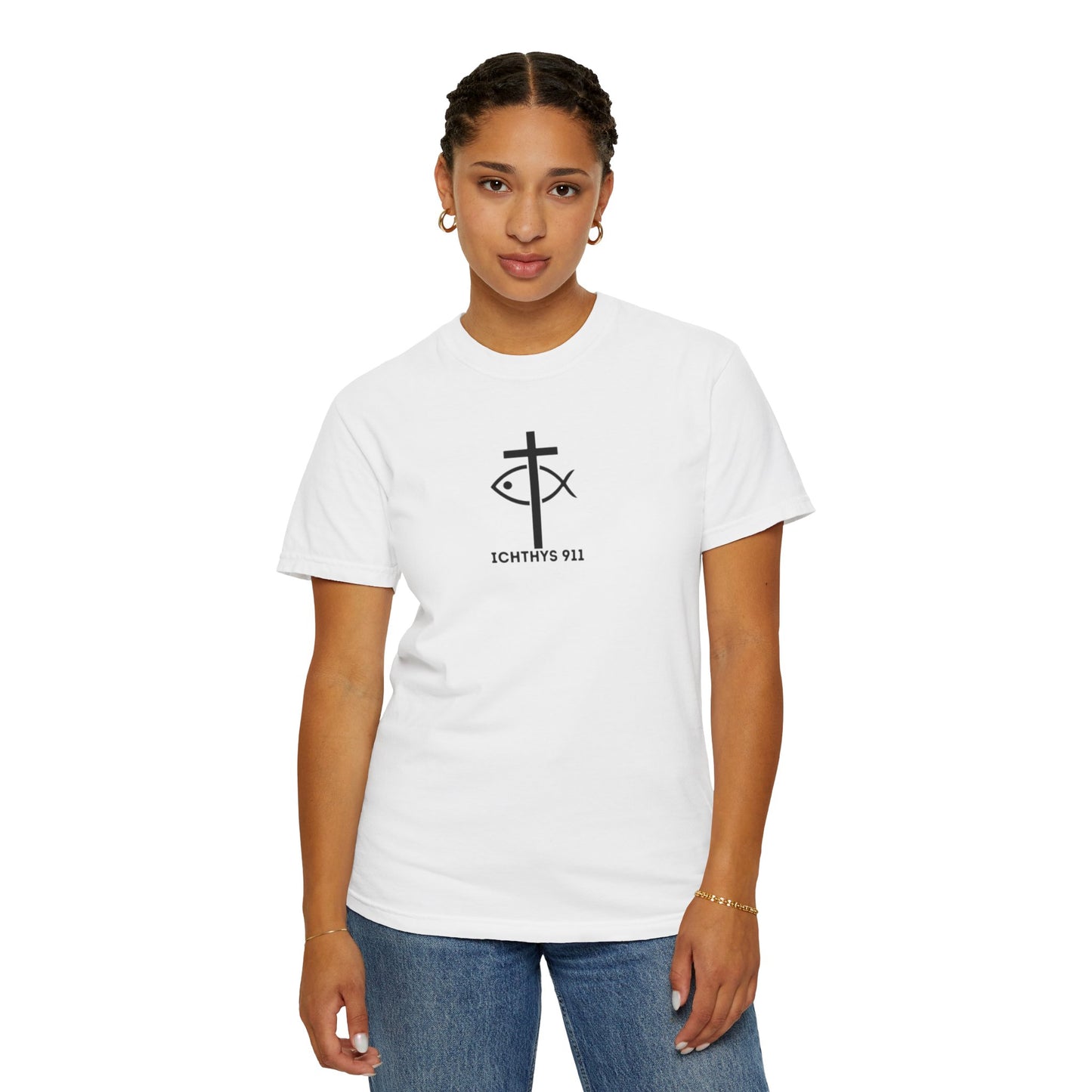 ICHTHYS 911 - Authentic - Christian Streetwear T-Shirt – Jesus Gym & Faith Fashion - Men T-Shirt - Women T-Shirt -Unisex Garment-Dyed T-Shirt Black Font