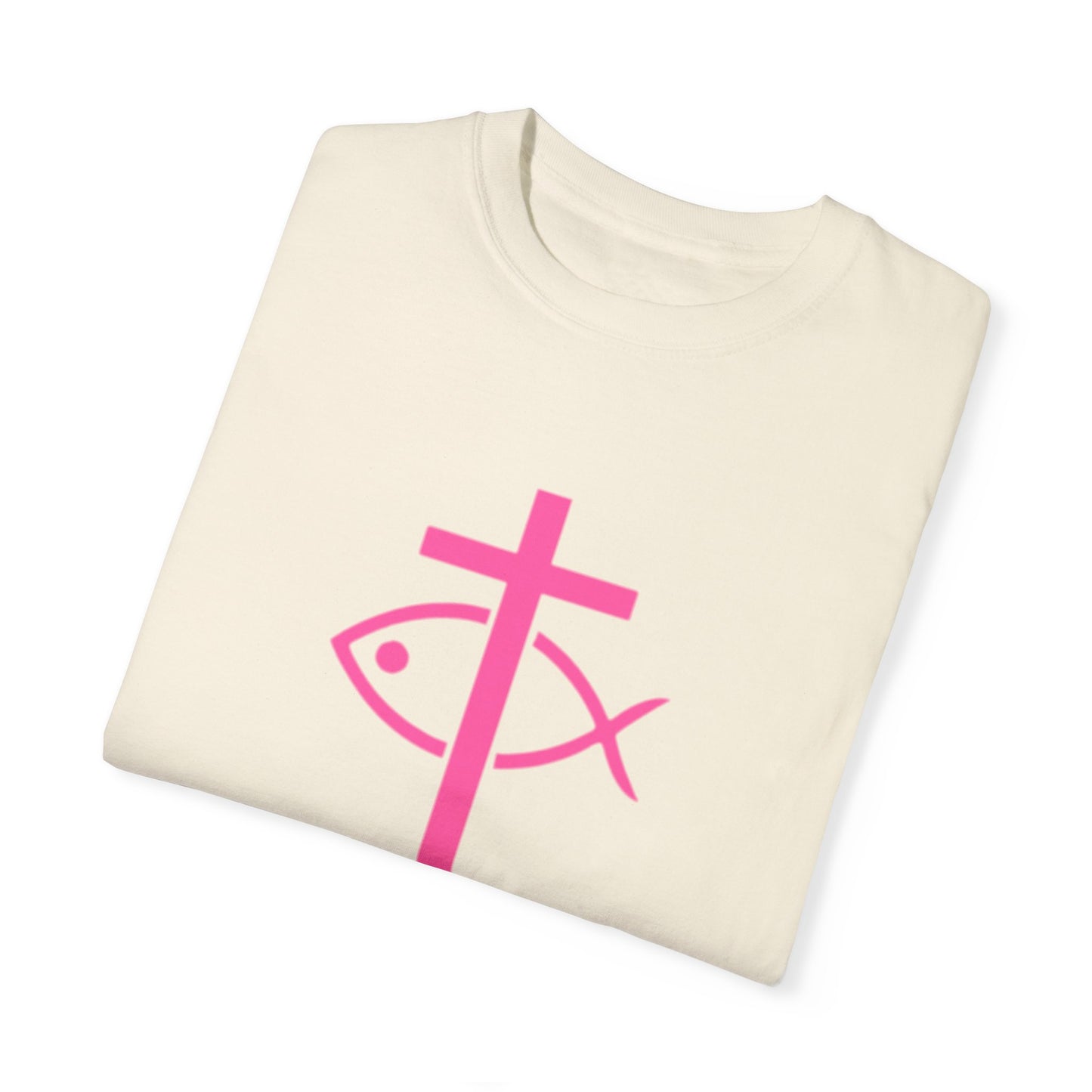 ICHTHYS 911 - Authentic - W/O IC 911 on Back Christian Streetwear T-Shirt – Jesus Gym & Faith Fashion, Unisex Garment-Dyed T-Shirt Hot Pink Font