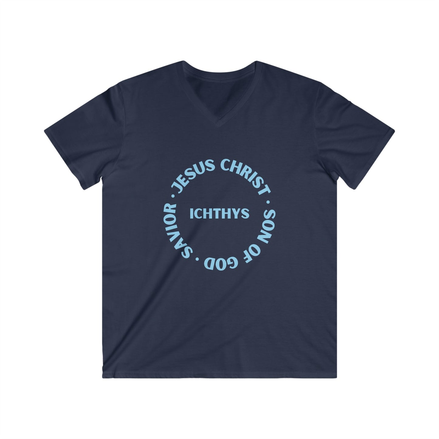 ICHTHYS 911 - Jesus Christ - Son of God - Reverse - Savior Collection - Men's Fitted V-Neck Short Sleeve T - Shirt - Faith-Inspired - Christian Faith - Blue Font