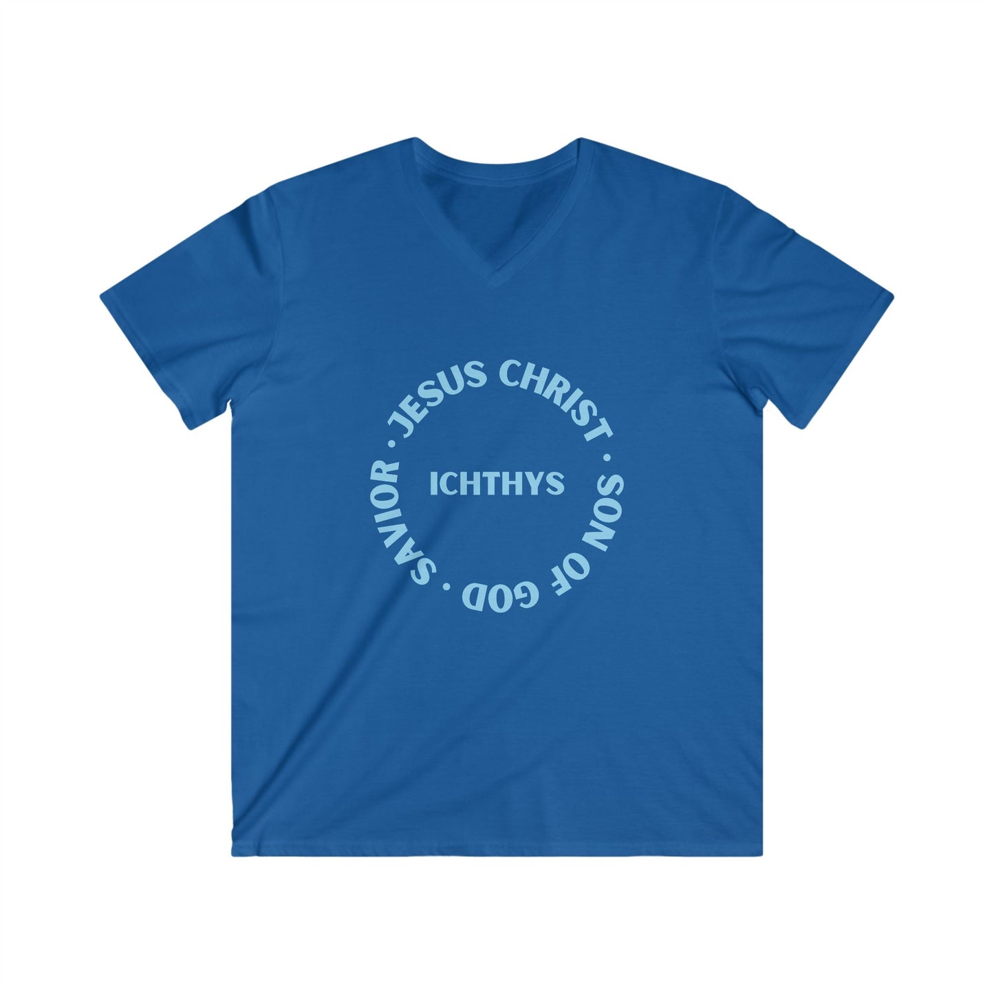 ICHTHYS 911 - Jesus Christ - Son of God - Reverse - Savior Collection - Men's Fitted V-Neck Short Sleeve T - Shirt - Faith-Inspired - Christian Faith - Blue Font