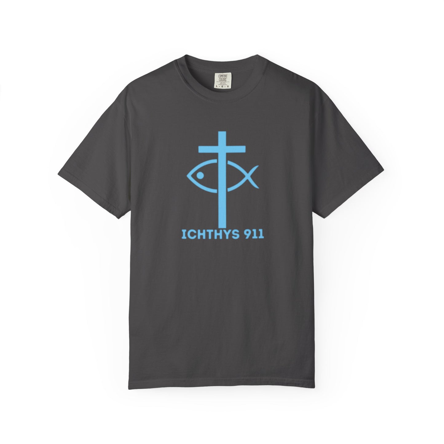 Jesus Christ Son of God Savior - Blue Font - Christian Streetwear T-Shirt – Jesus Gym & Faith Fashion, Unisex Garment-Dyed T-Shirt- ICHTHYS 911