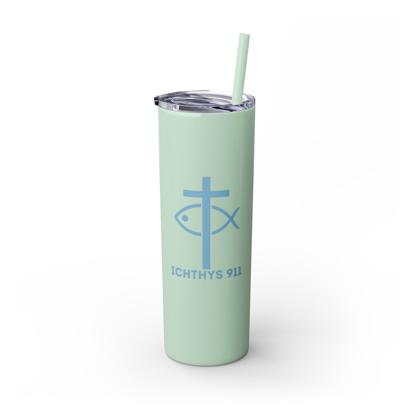 ICHTHYS 911 - Blue Font - Faith-Inspired Skinny Tumbler with Straw - 20oz Baby Shower Drip