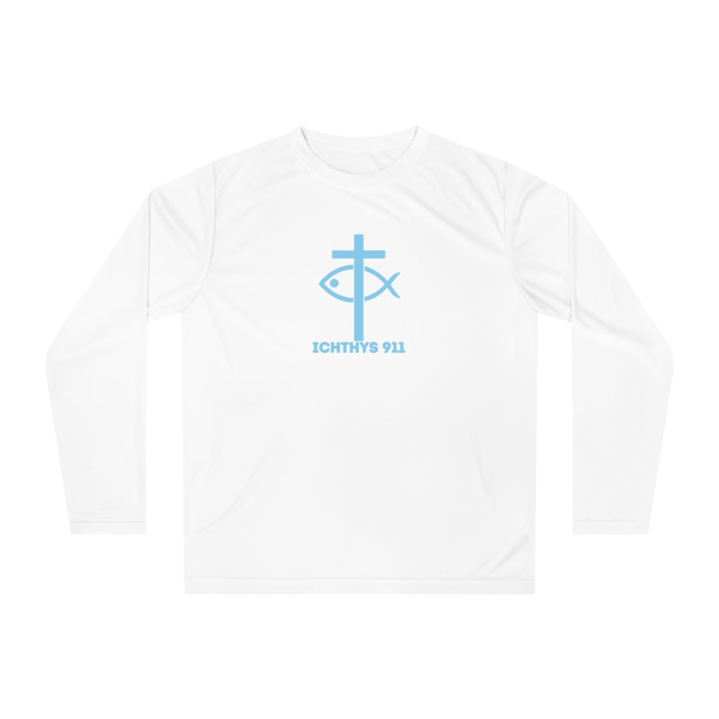 ICHTHYS 911 "Strength Through Christ Philippians 4:13" - Blue Font - Unisex Performance Long Sleeve Shirt - Men - Women - 100% Moisture-Wicking Poly - Christian Activewear