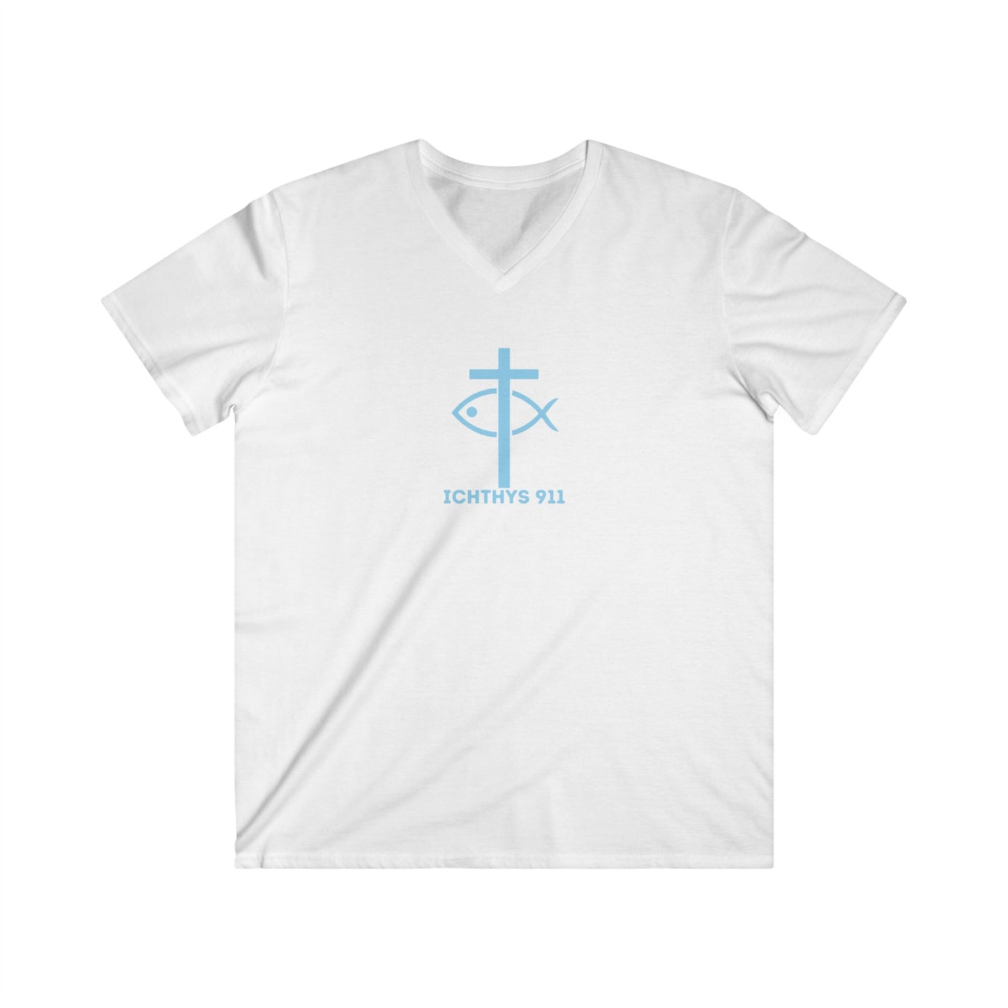 ICHTHYS 911 - White Font - "Authentic" - Men's Fitted V-Neck Tee - Casual Comfort for Everyday Wear