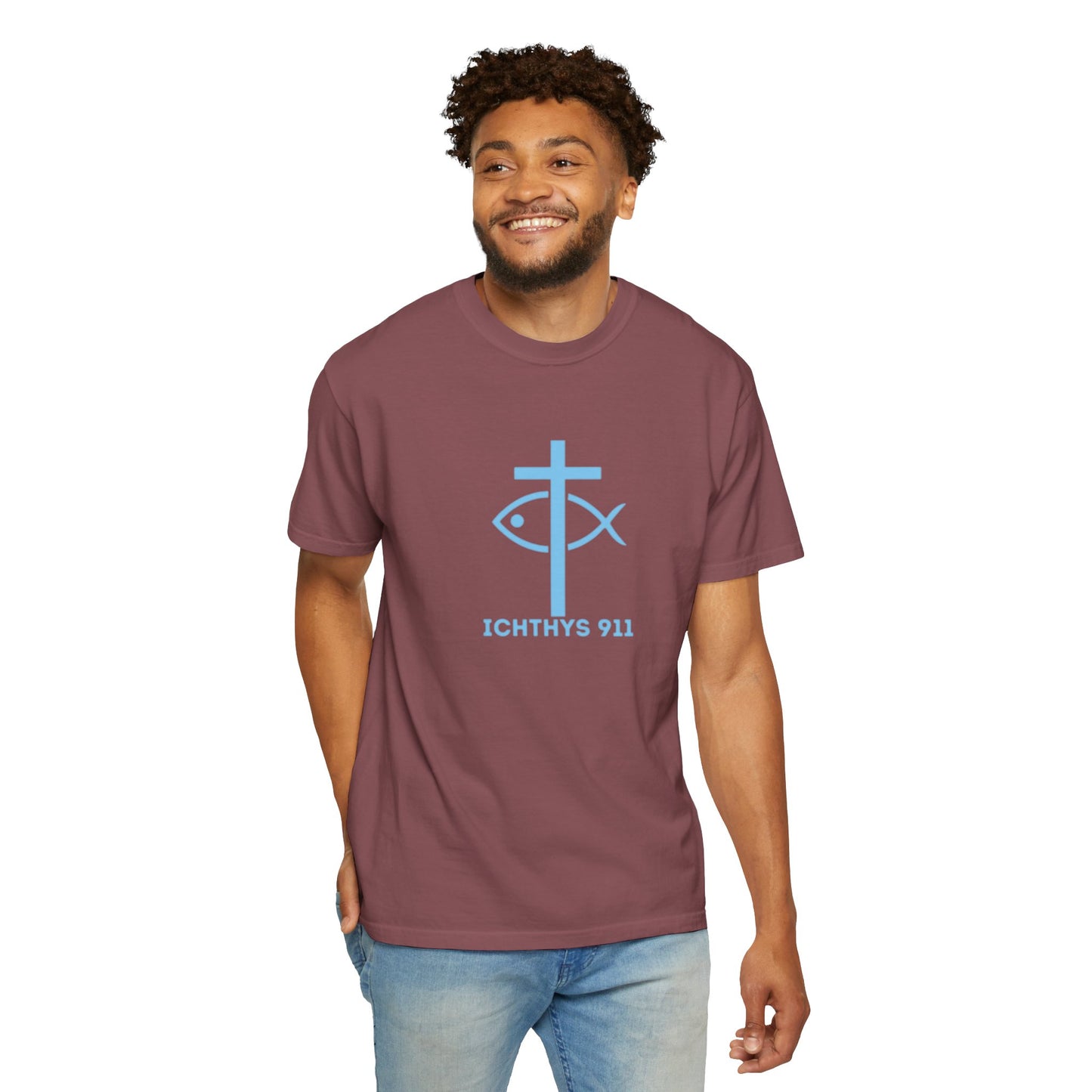 ICHTHYS 911 "Strength Through Christ Philippians 4:13" - Blue Font - Unisex Garment Dyed T- Shirt - 100% US Cotton -Men T-Shirt - Women T-Shirt- Christian Activewear - Wear Your Faith