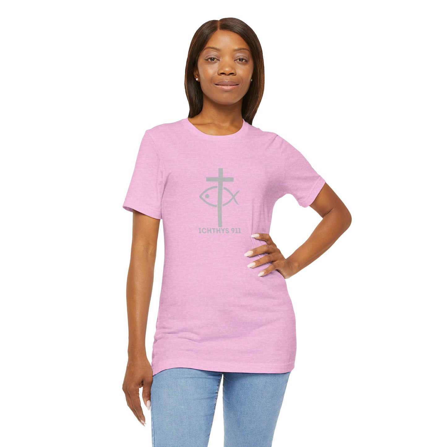 ICHTHYS 911 - "Roll With God Ride With Jesus" - Silver Font - Unisex T- Shirt - Lightweight 100% Cotton - Summer T - Arm Form Fitting - Men T- Shirt - Women T-Shirt - Christian T-Shirt