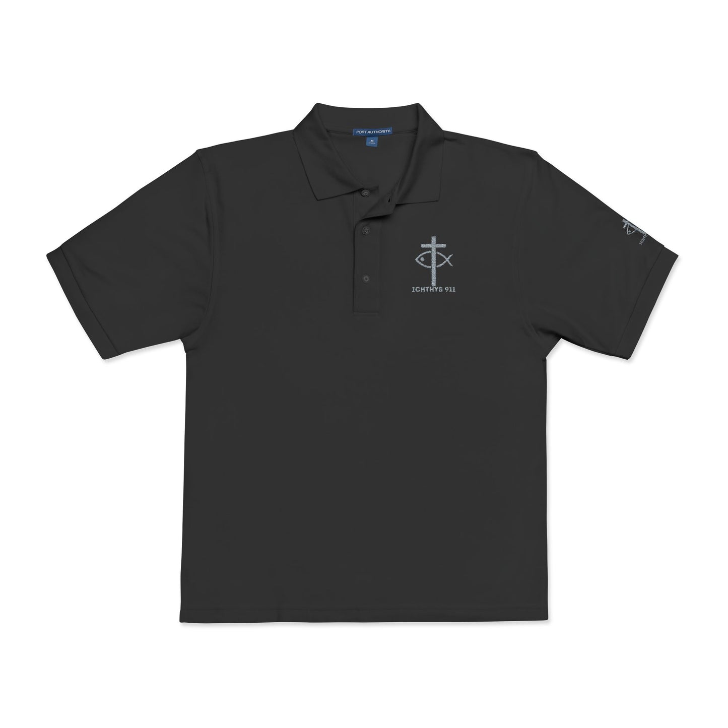 ICHTHYS 911 - Blue Font - "Iēsous Christos, Theou Yios, Sōtēr" - Stylish Unisex Polo Shirt with Elegant Embroidery | Perfect for Casual Outings and Event- Women - Men