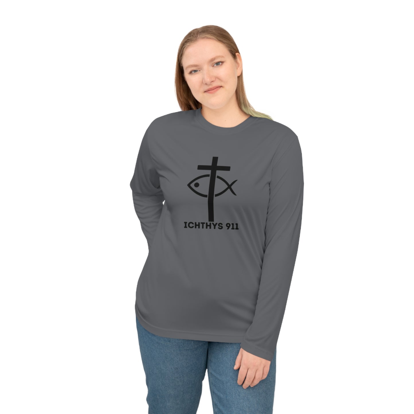 Iēsous Christos, Theou Yios, Sōtēr = Jesus Christ, Son of God, Savior - Unisex Performance Long Sleeve Shirt - ICHTHYS 911 Christian Activewear