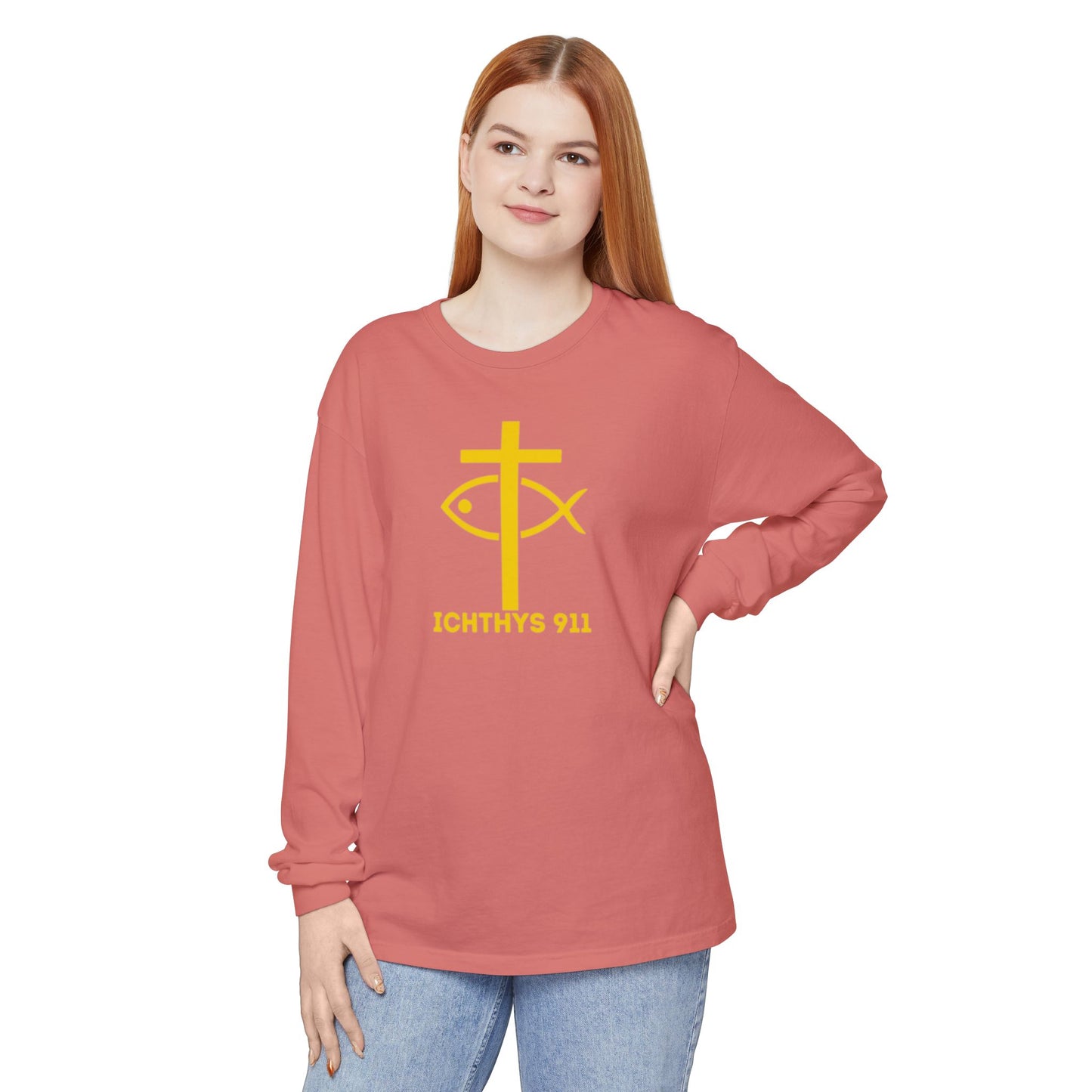 Authentic ICHTHYS 911 Collection -  Gold Font - Unisex Garment Dyed Long Sleeve T-Shirt - Men Long Sleeve - Women Long Sleeve - Christian Faith Symbol Tee - Faith Inspired
