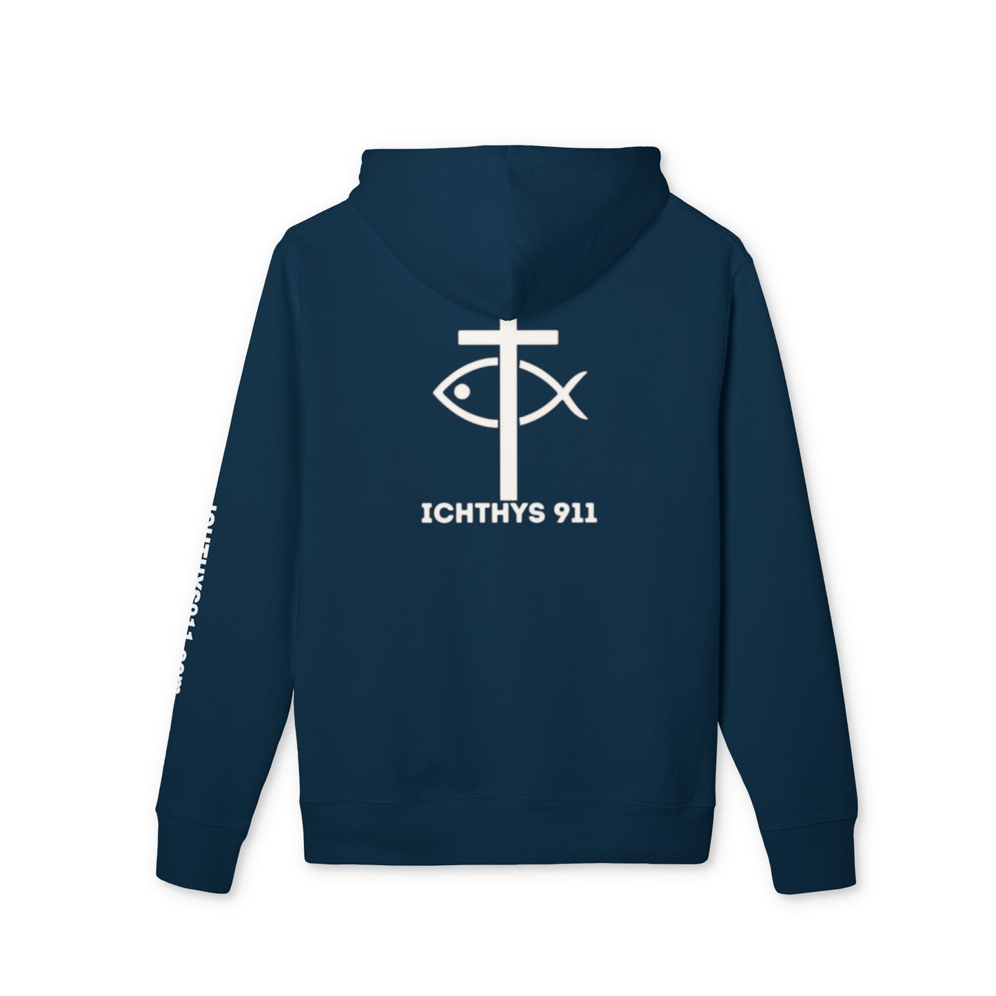 ICHTHYS 911 Hoodie – Unisex Pullover -White Font - Black Font on White - Heavy Fabric - ICHTHYS 911 Logo on Front & Back - 100% Organic