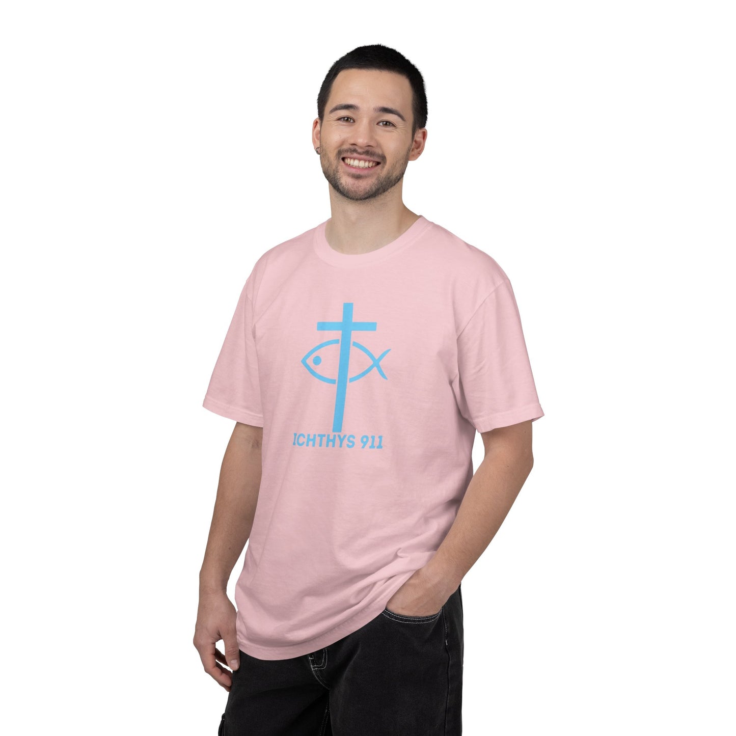 Authentic - Christian Streetwear T-Shirt – Jesus Gym & Faith Fashion, Unisex Garment-Dyed T-Shirt Blue Font - ICHTHYS 911