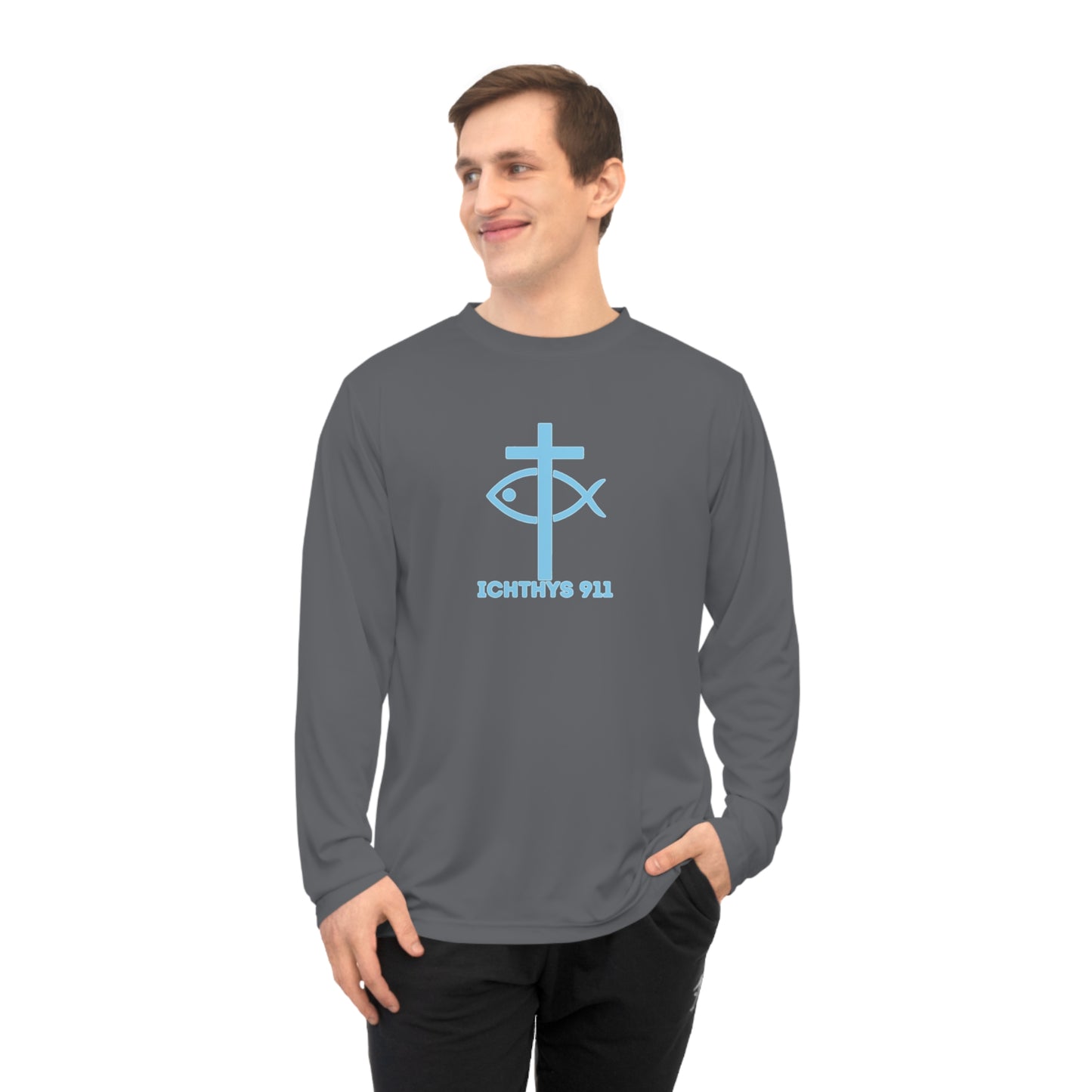 ICHTHYS 911 "Strength Through Christ Philippians 4:13" - Blue Font - Unisex Performance Long Sleeve Shirt - Men - Women - 100% Moisture-Wicking Poly - Christian Activewear