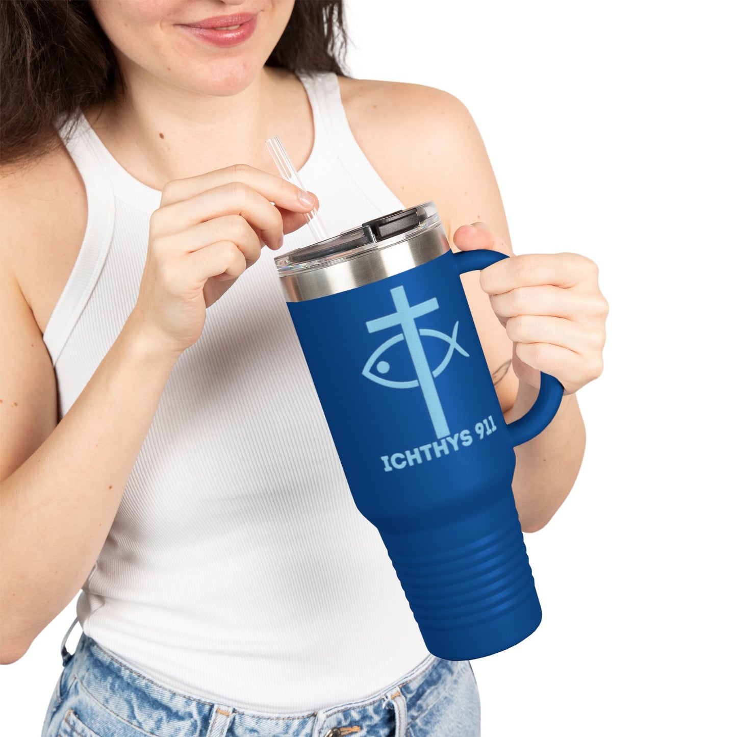 Faith-Inspired Insulated Travel Mug - 40oz with ICHTYS 911 Design