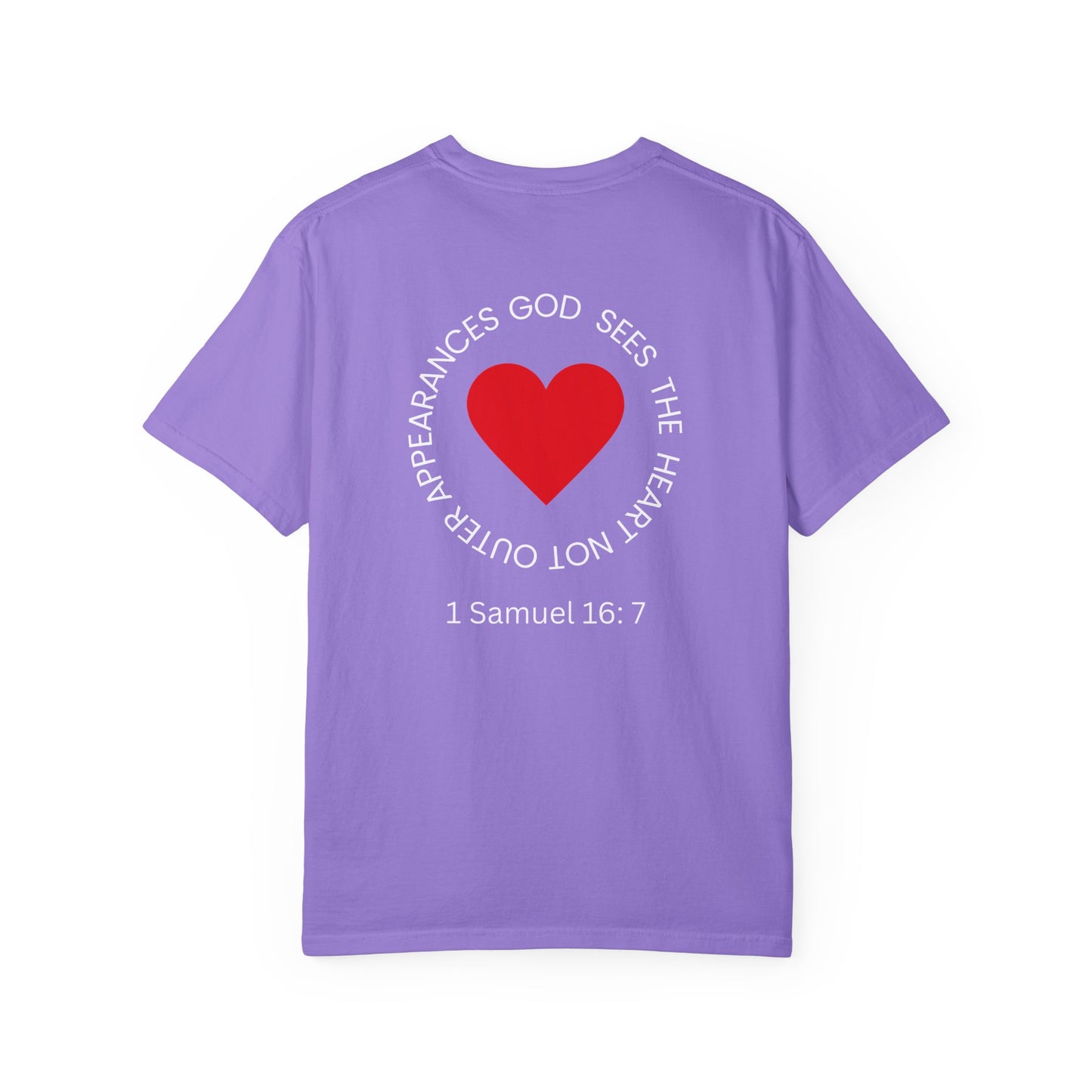ICHTHYS 911 -  "God Sees the Heart" - White Font - Unisex Garment - Dyed T-Shirt - Inspirational Graphic T-Shirt for Everyday Motivation - 100% US cotton