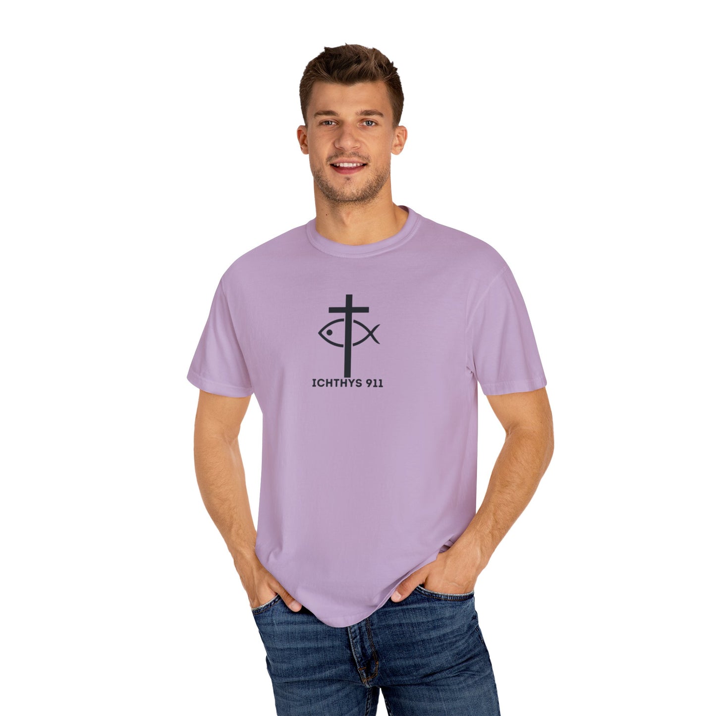 ICHTHYS 911 - Black Font "Faith Driven" - Unisex Garment Dyed T - Shirt - 100% US Cotton -  Men - T - Women T-Shirt - Christian Inspirational Tee - Garment Dyed