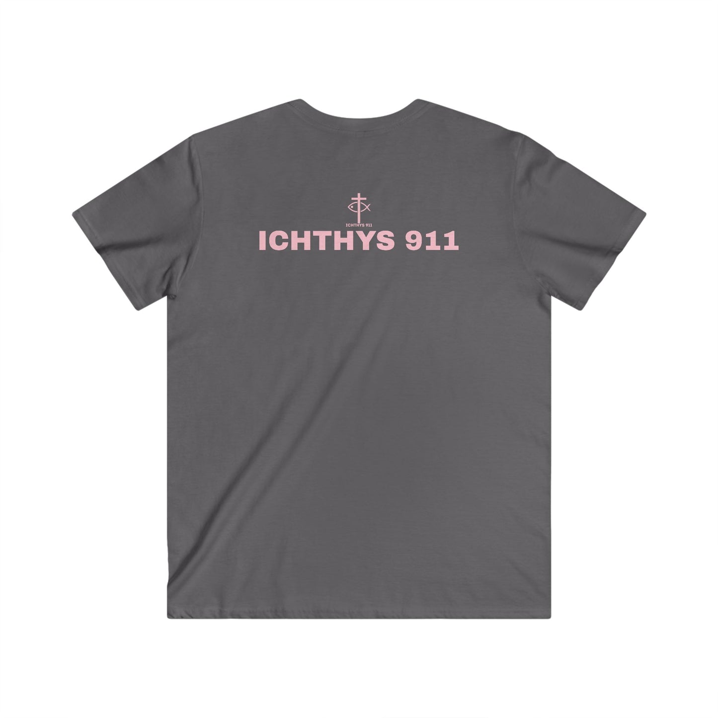 Authentic Collection - Men's Fitted V-Neck Short Sleeve T - Shirt - Faith-Inspired - Christian Faith - Light Pink Font - ICHTHYS 911 -