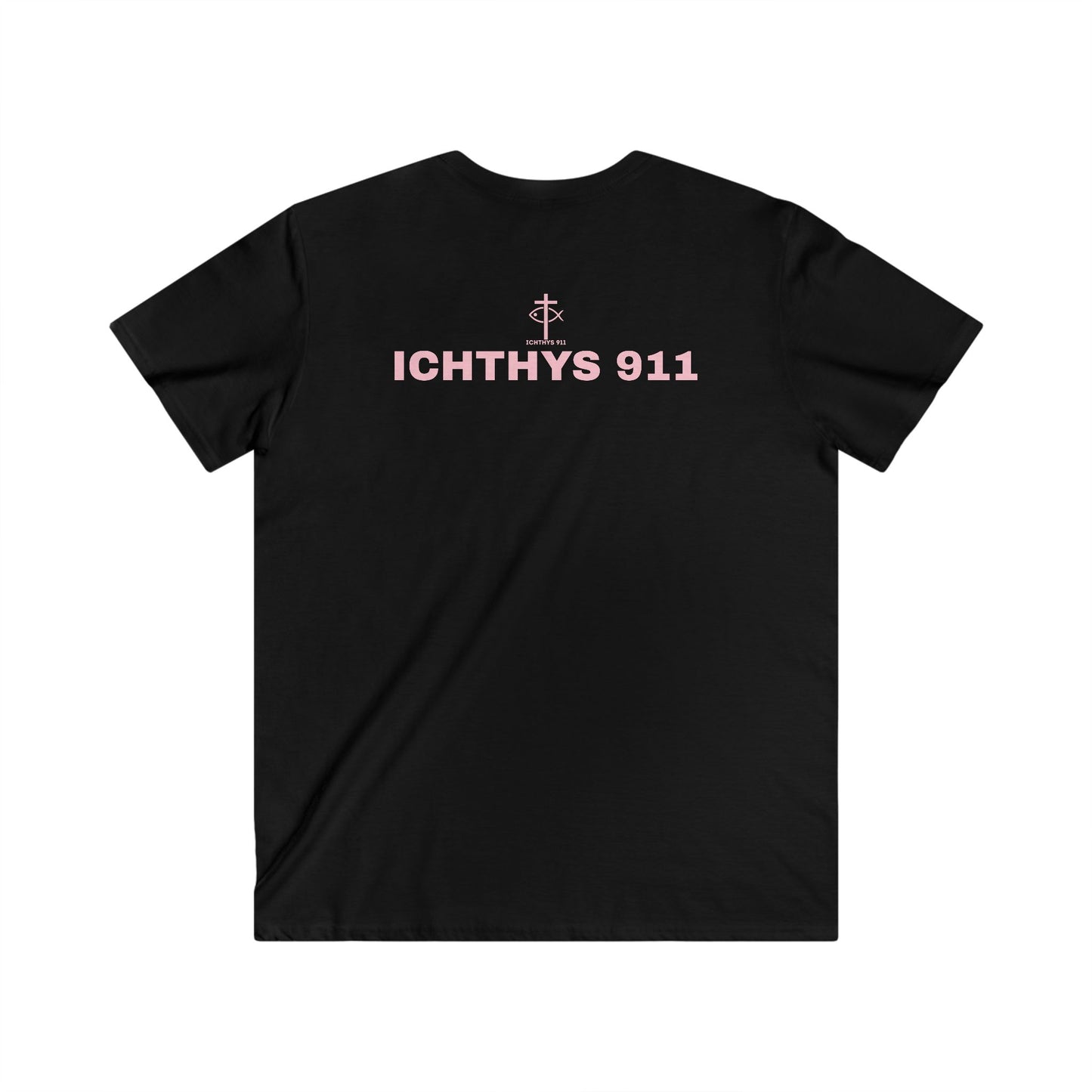 Authentic Collection - Men's Fitted V-Neck Short Sleeve T - Shirt - Faith-Inspired - Christian Faith - Light Pink Font - ICHTHYS 911 -